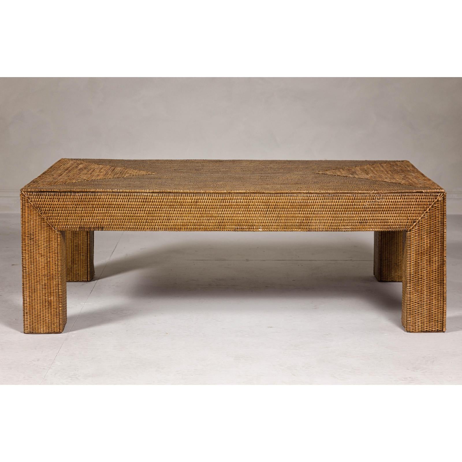 Country Style Woven Rattan on Wooden Core Light Brown Parsons Leg Coffee Table