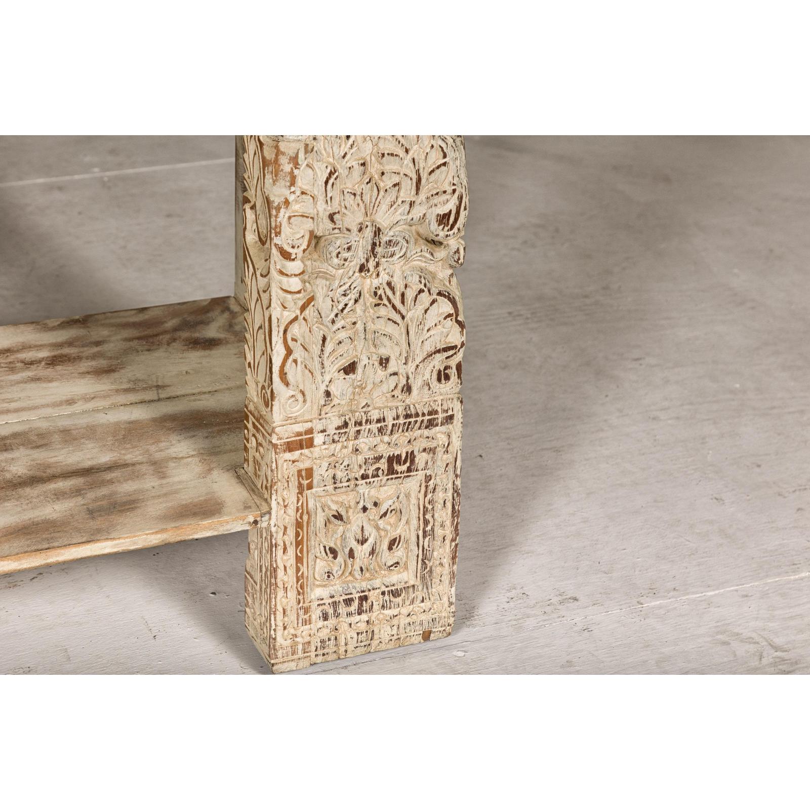 Mughal Style Whitewash Console Table with Carved Apron and Lower Shelf