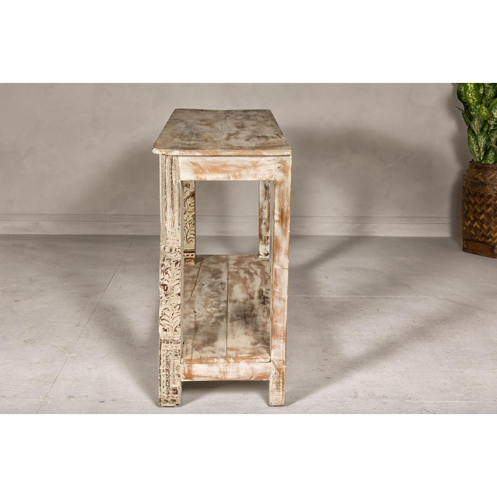Mughal Style Whitewash Console Table with Carved Apron and Lower Shelf
