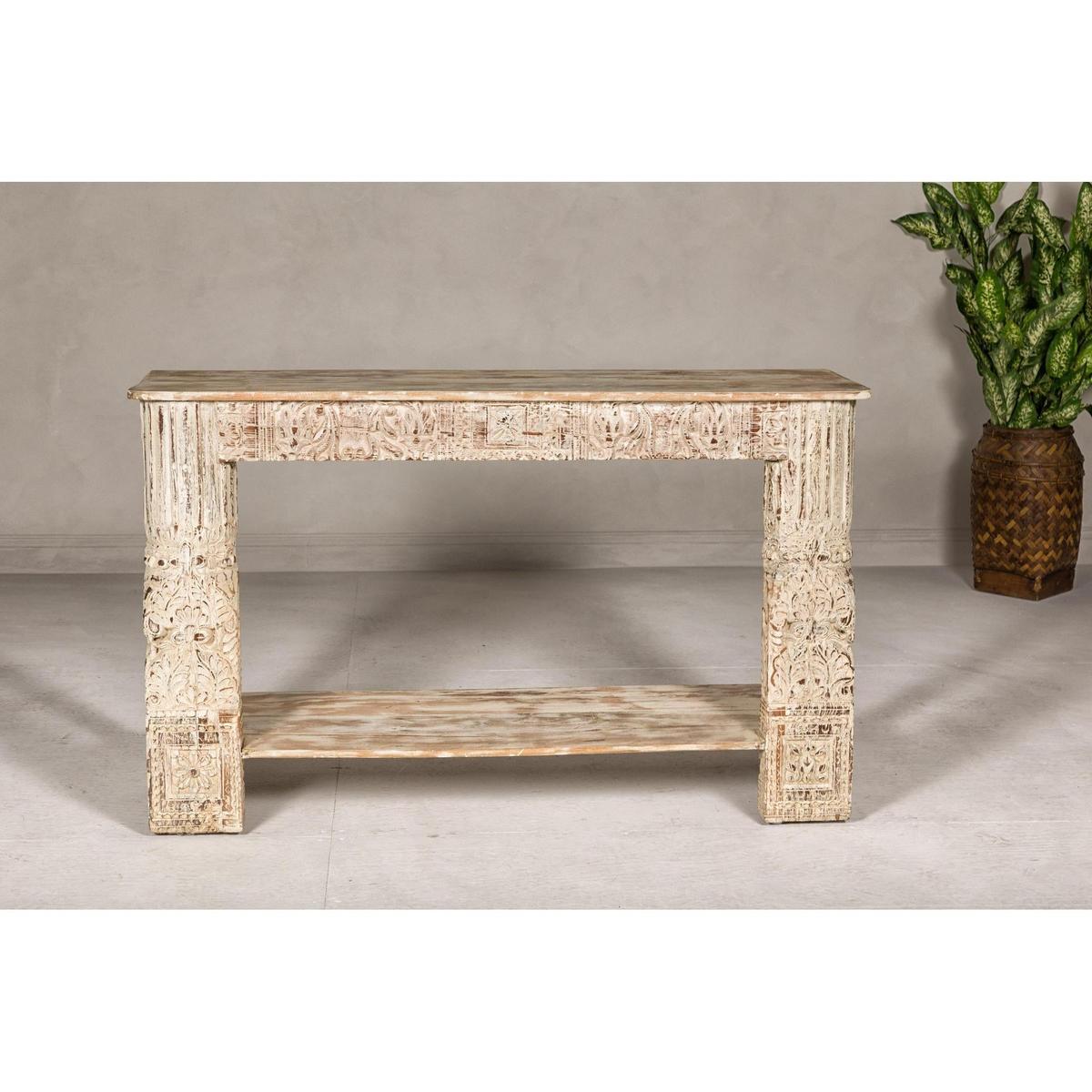 2Test Title- Mughal Style Whitewash Console Table with Carved Apron and Lower Shelf (Copy)-3. Asian &amp; Chinese Furniture, Art, Antiques, Vintage Home Décor for sale at FEA Home