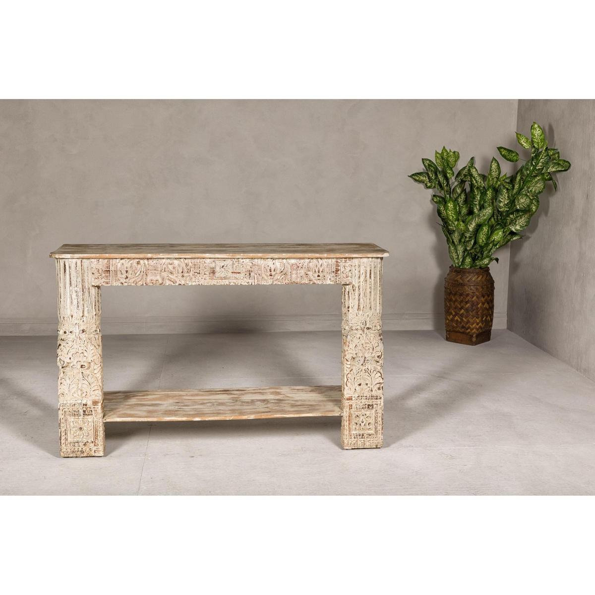 2Test Title- Mughal Style Whitewash Console Table with Carved Apron and Lower Shelf (Copy)-4. Asian &amp; Chinese Furniture, Art, Antiques, Vintage Home Décor for sale at FEA Home