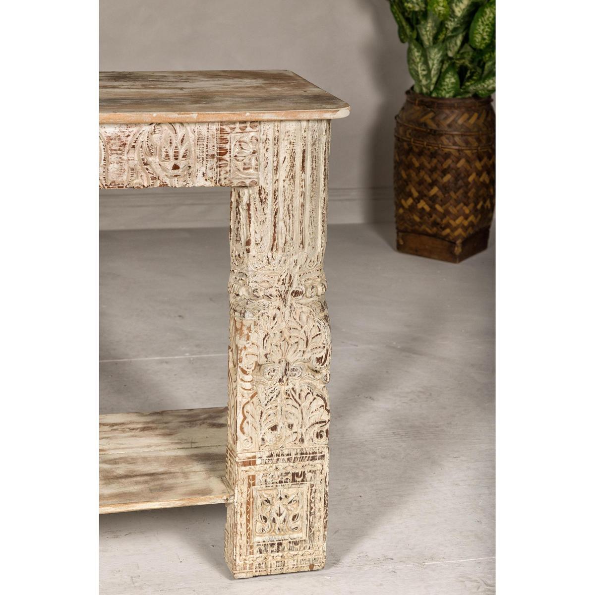 2Test Title- Mughal Style Whitewash Console Table with Carved Apron and Lower Shelf (Copy)-8. Asian &amp; Chinese Furniture, Art, Antiques, Vintage Home Décor for sale at FEA Home