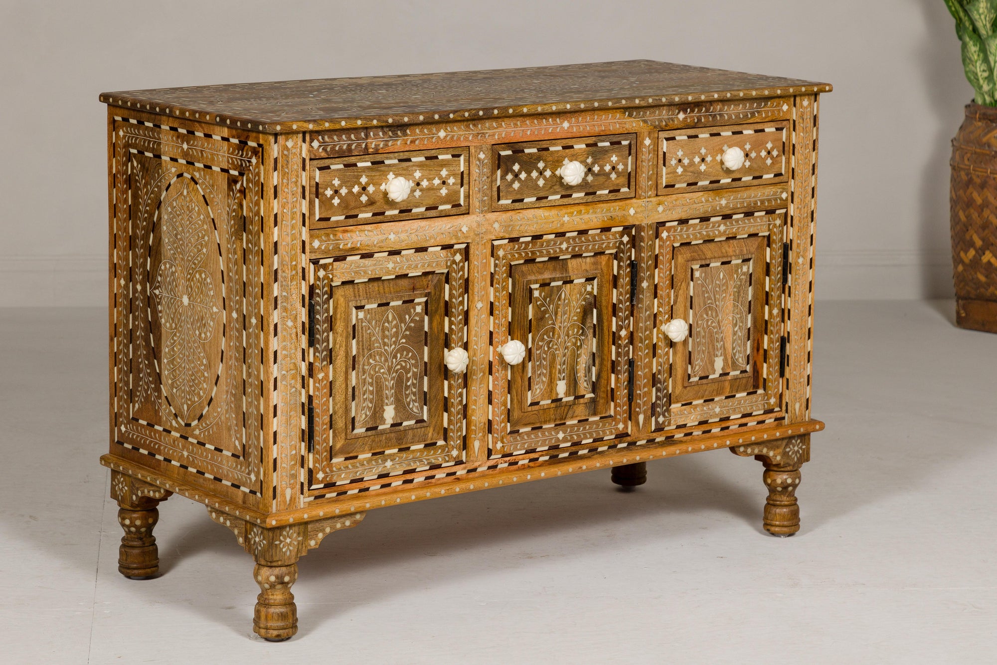 Anglo Style Mango Wood Buffet with Geometric Bone Inlay-33. Asian &amp; Chinese Furniture, Art, Antiques, Vintage Home Décor for sale at FEA Home