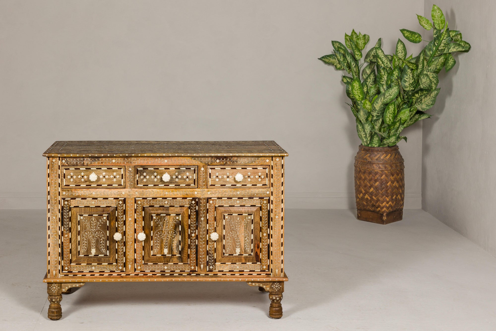 Anglo Style Mango Wood Buffet with Geometric Bone Inlay-23. Asian &amp; Chinese Furniture, Art, Antiques, Vintage Home Décor for sale at FEA Home