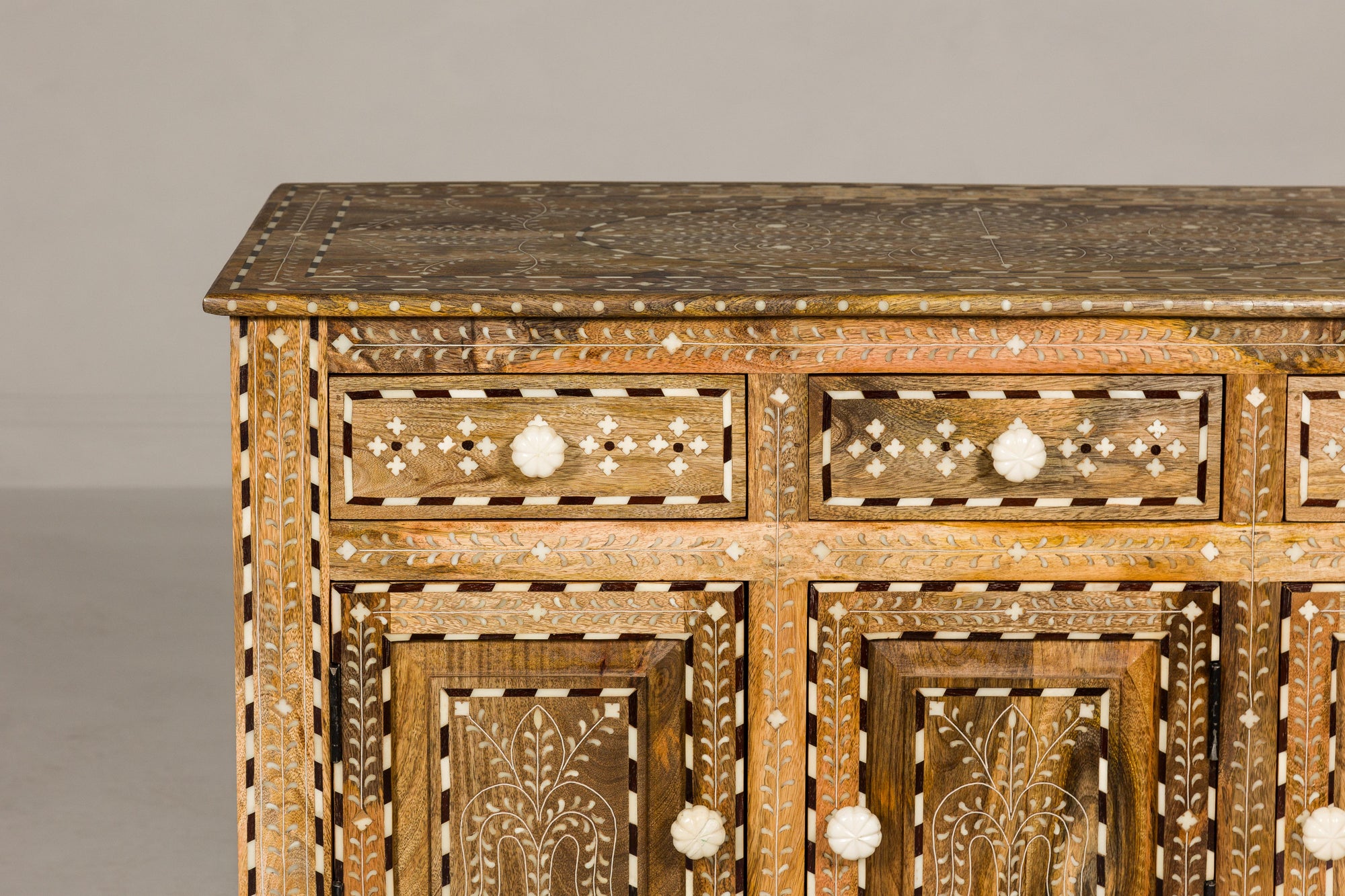 Anglo Style Mango Wood Buffet with Geometric Bone Inlay-24. Asian &amp; Chinese Furniture, Art, Antiques, Vintage Home Décor for sale at FEA Home