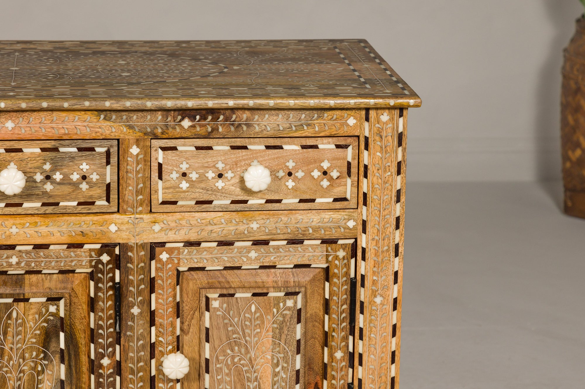 Anglo Style Mango Wood Buffet with Geometric Bone Inlay-25. Asian &amp; Chinese Furniture, Art, Antiques, Vintage Home Décor for sale at FEA Home