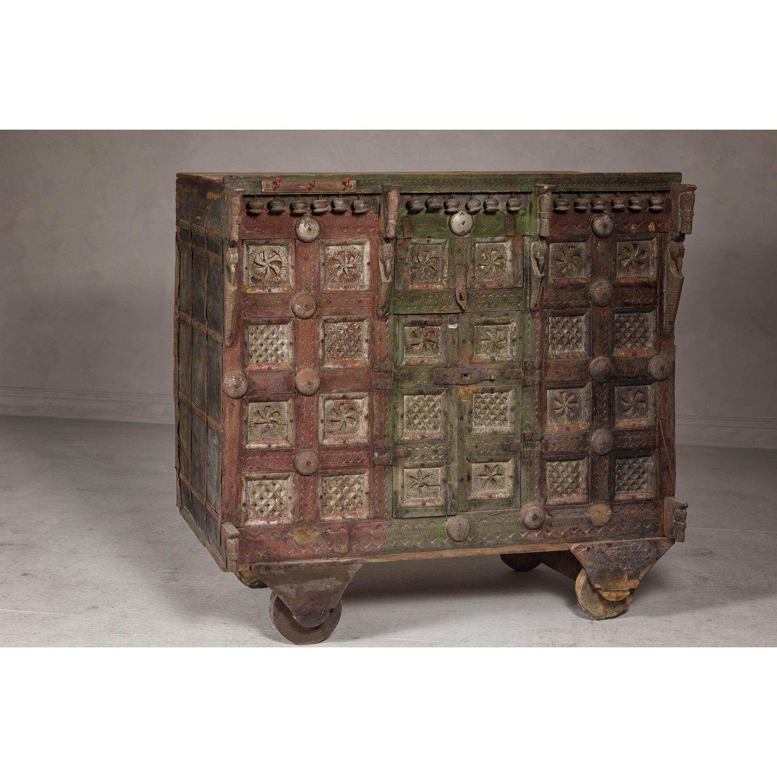 Indian Antique Carved Wooden Damachiya Dowry Cabinet on Wheels with Polychromy