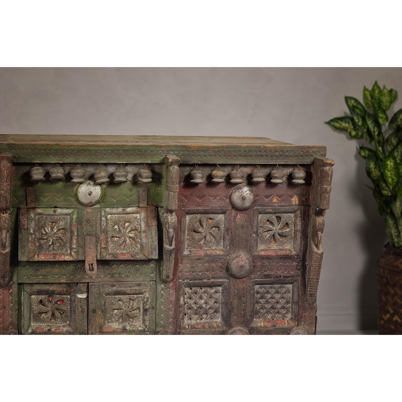 Indian Antique Carved Wooden Damachiya Dowry Cabinet on Wheels with Polychromy