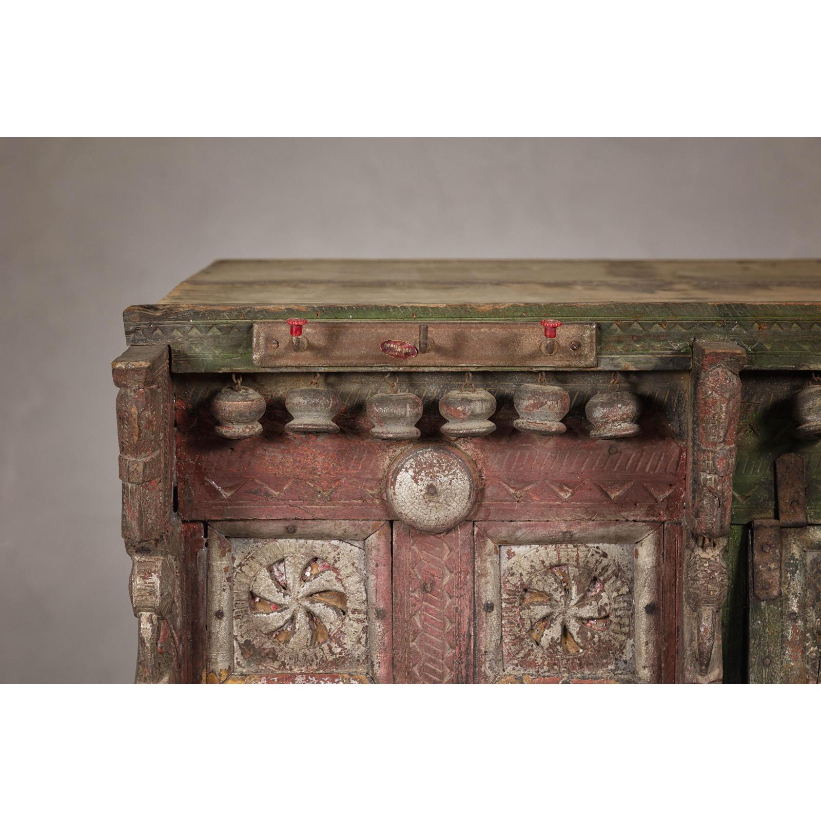 Indian Antique Carved Wooden Damachiya Dowry Cabinet on Wheels with Polychromy