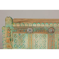 Indian Antique Green Painted Damachiya Wedding Cabinet on Legs with Carved Décor