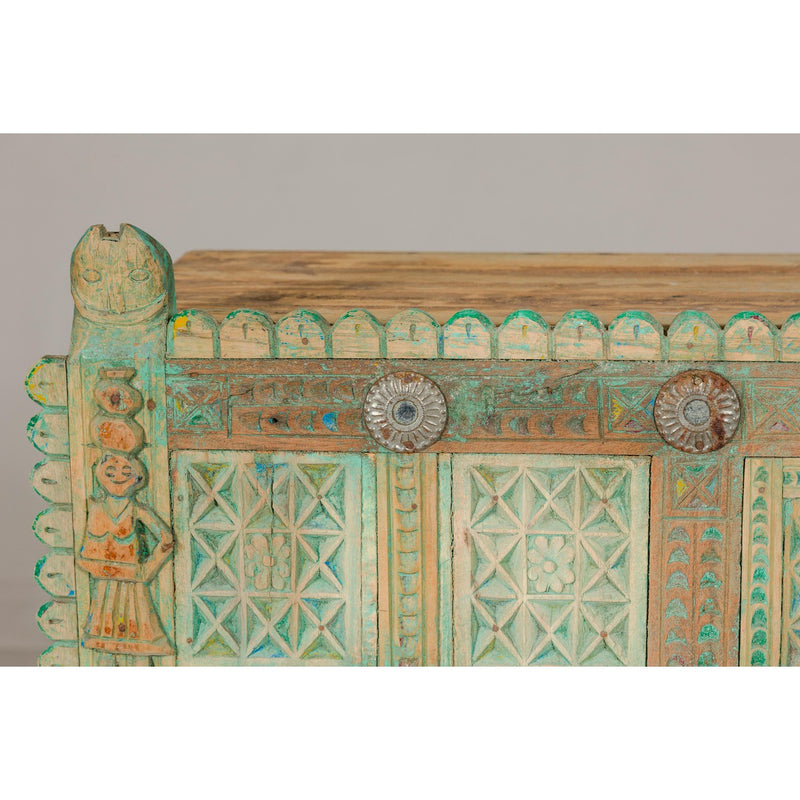 Indian Antique Green Painted Damachiya Wedding Cabinet on Legs with Carved Décor-YN8031-11. Asian & Chinese Furniture, Art, Antiques, Vintage Home Décor for sale at FEA Home