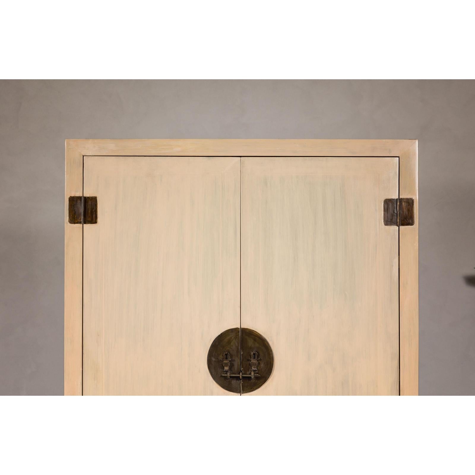Large Cream Painted Cabinet with Brass Medallion Hardware