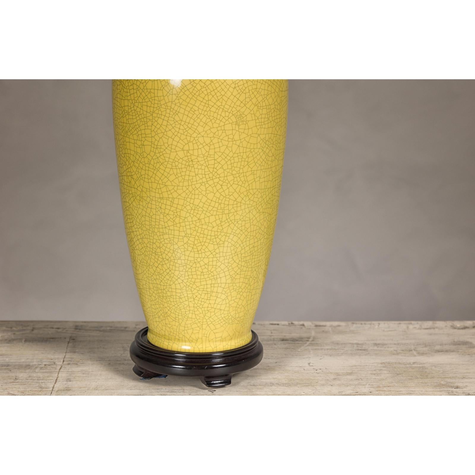 Yellow Crackle Glazed Ceramic Vase with on Wooden Base