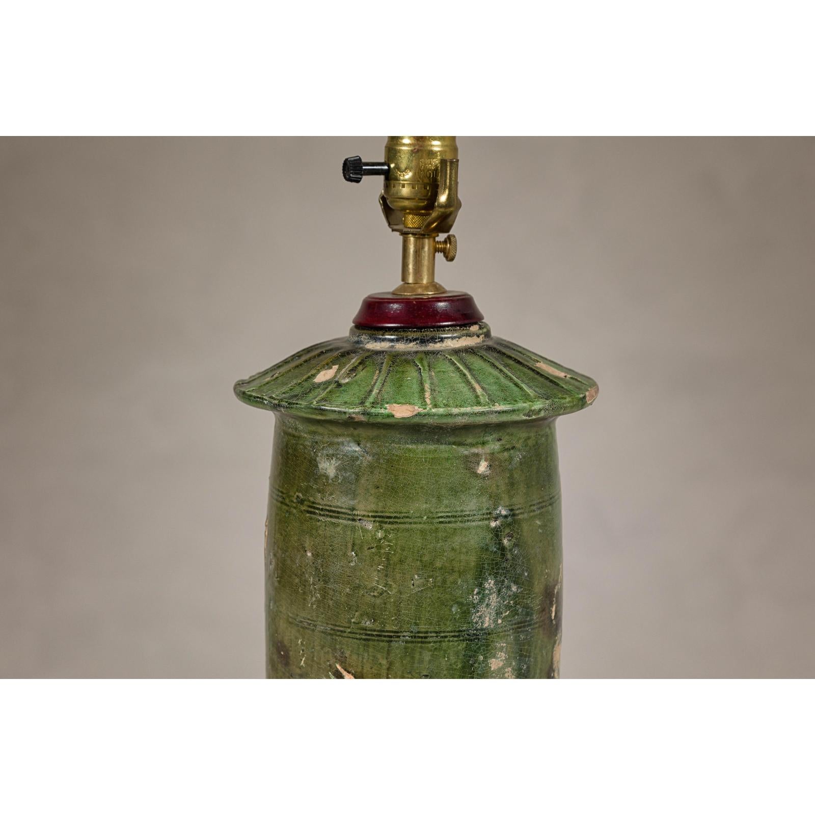 Green Glazed Terracotta Table Lamp on Circular Base