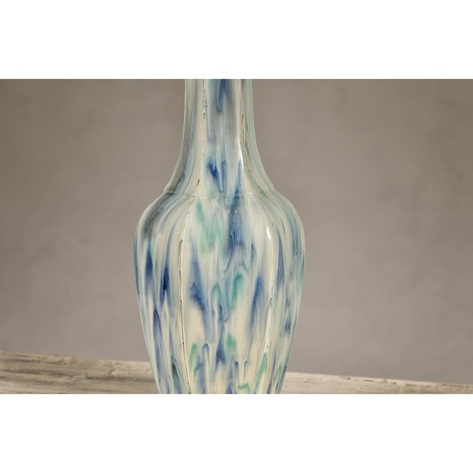 Multi-Color Vase with Blue and Green Drip Accent on Cream Ground