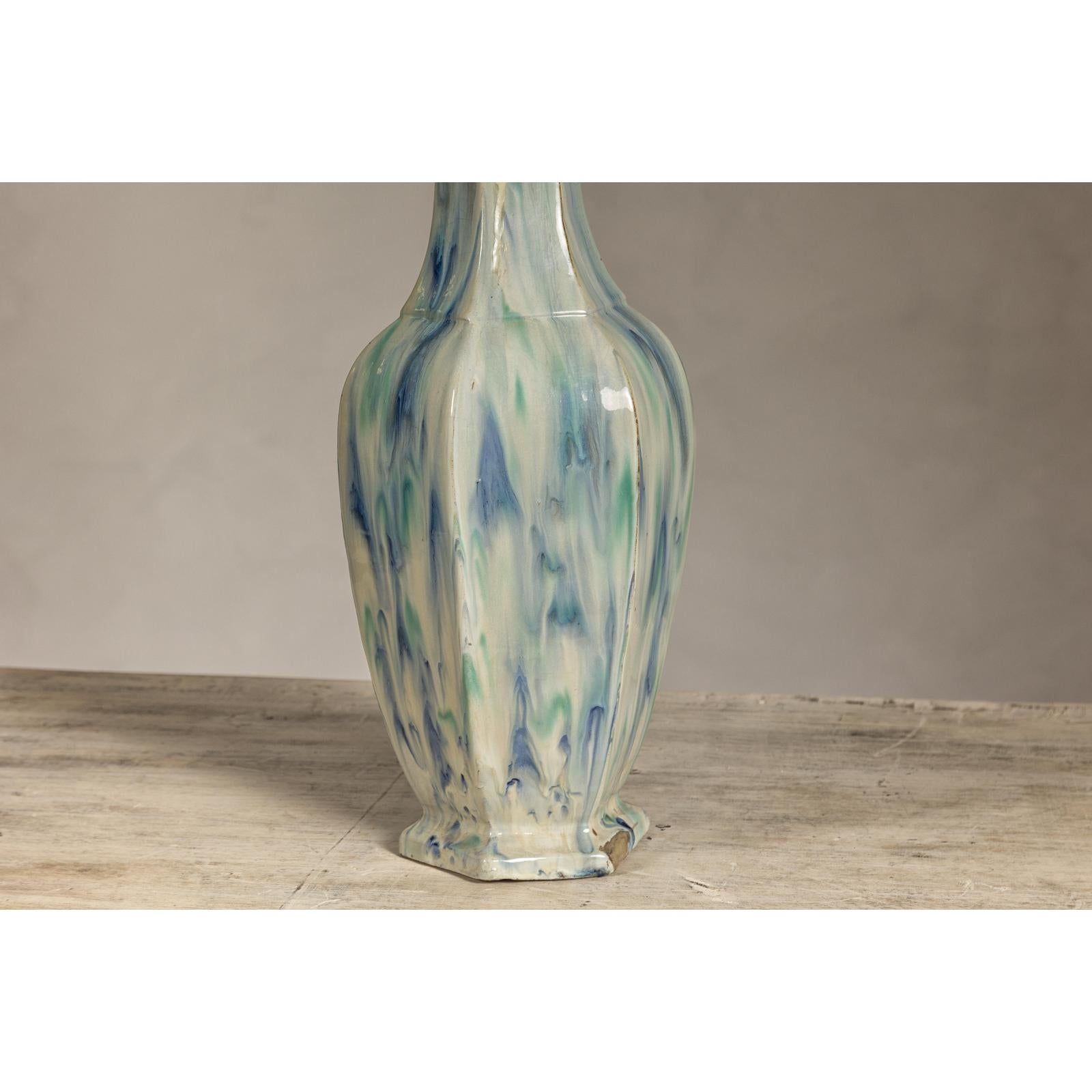 Multi-Color Vase with Blue and Green Drip Accent on Cream Ground