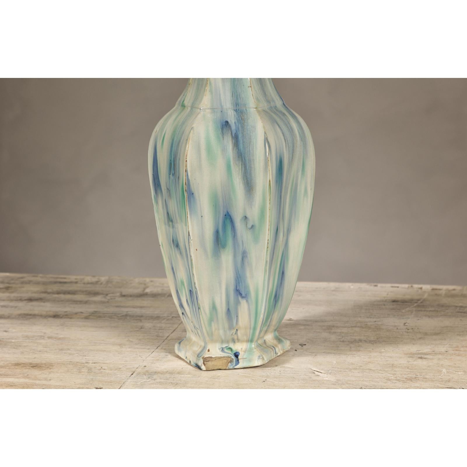 Multi-Color Vase with Blue and Green Drip Accent on Cream Ground