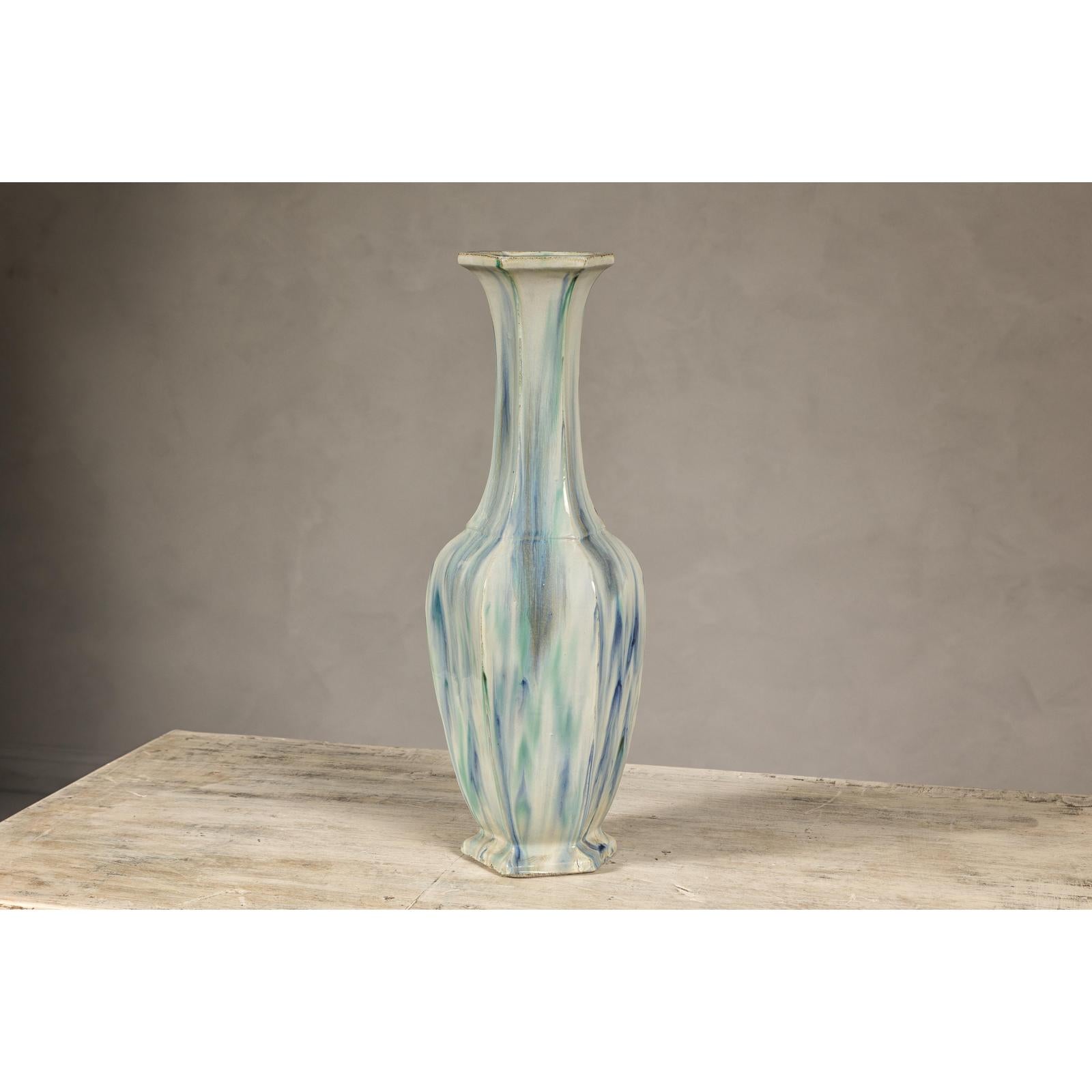 Multi-Color Vase with Blue and Green Drip Accent on Cream Ground