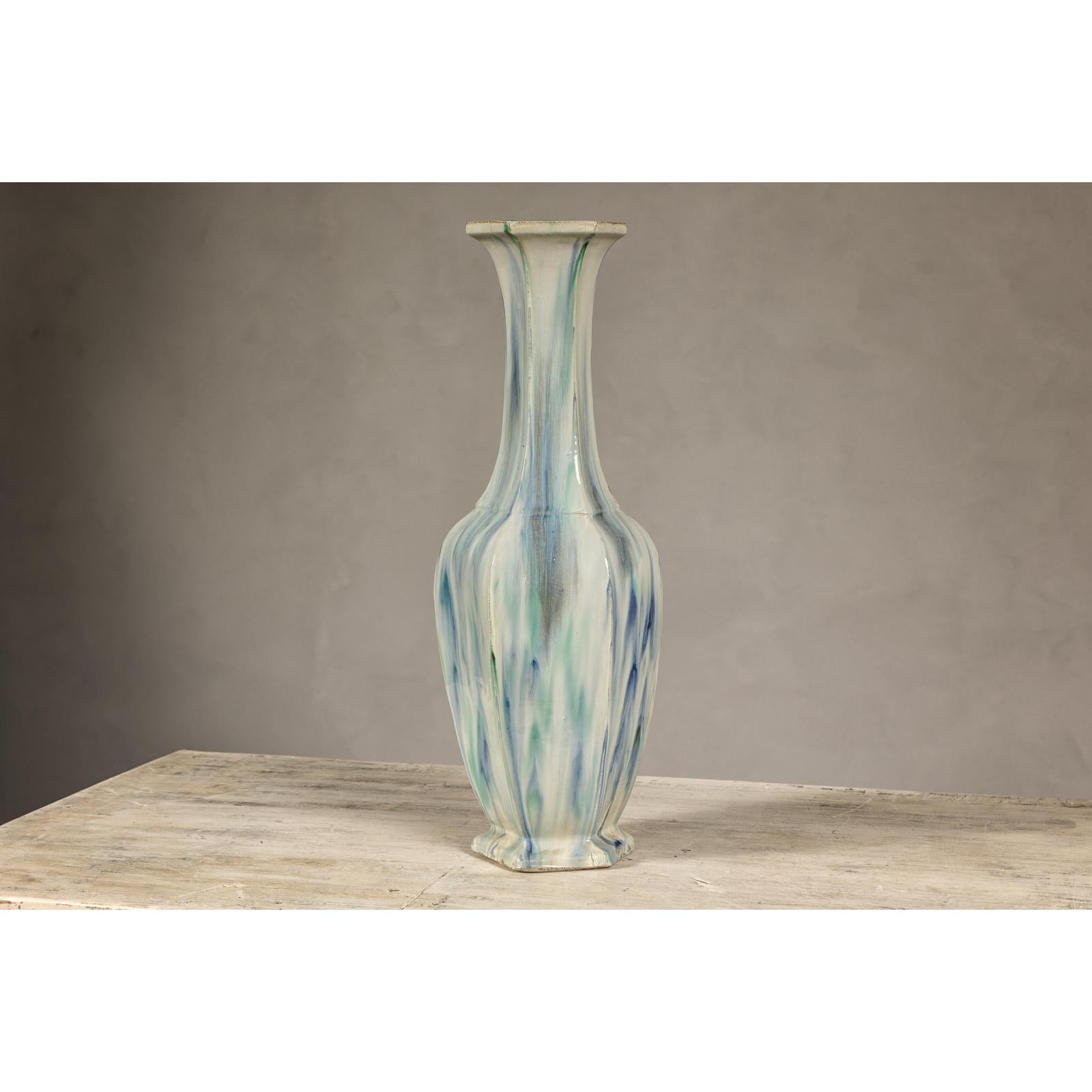 Multi-Color Vase with Blue and Green Drip Accent on Cream Ground