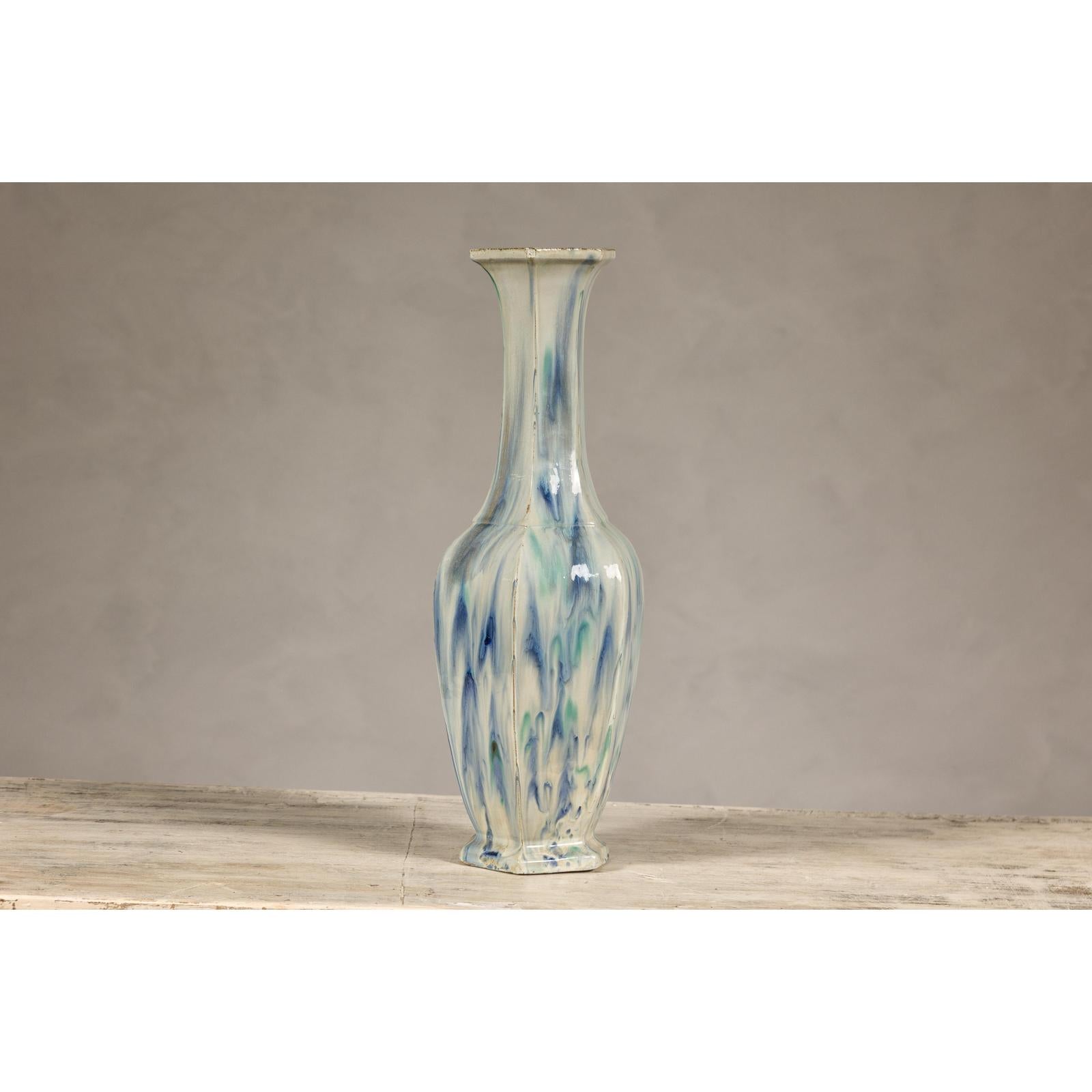 Multi-Color Vase with Blue and Green Drip Accent on Cream Ground