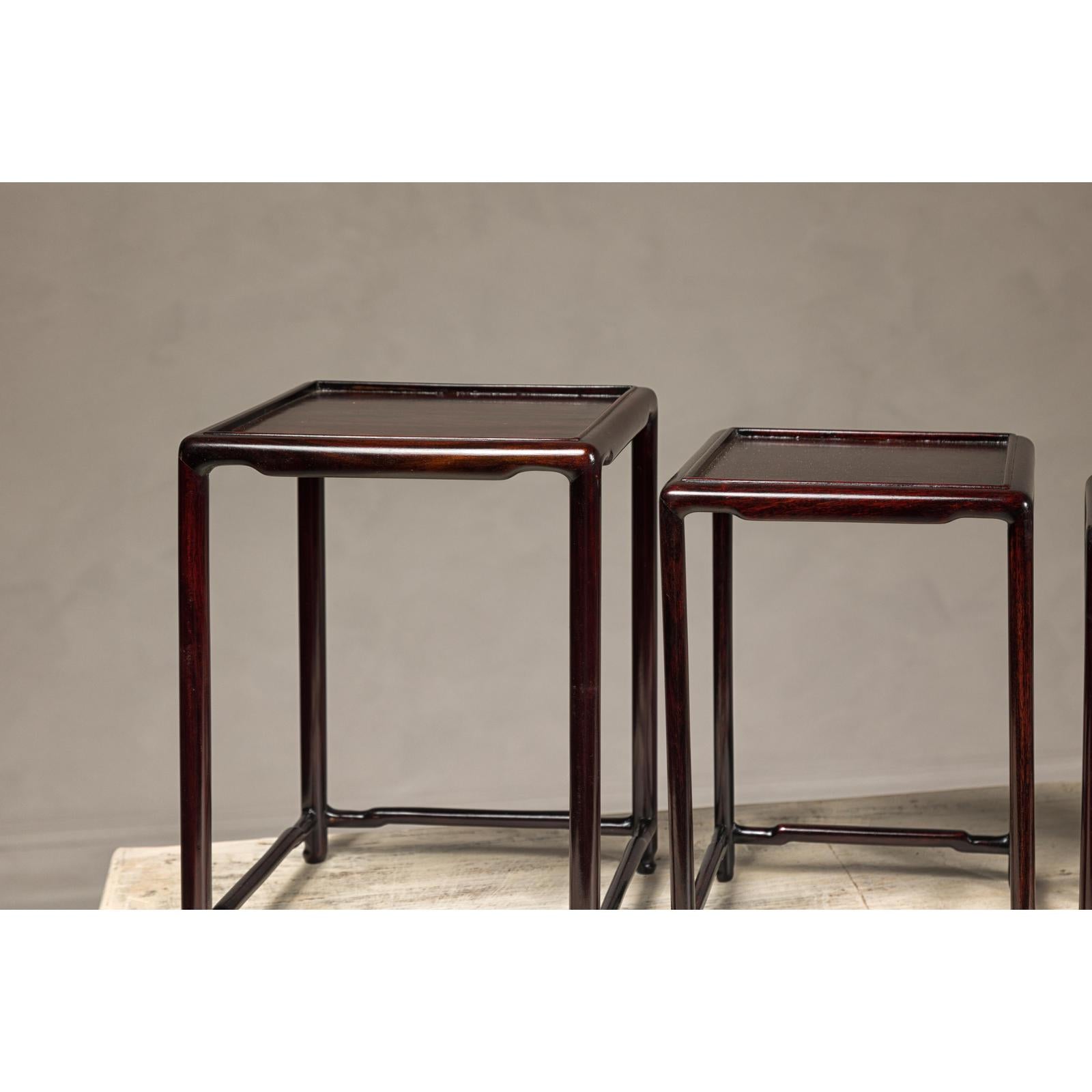 Set of Five Small Size Dark Rosewood Nesting Tables with Humpback Stretchers