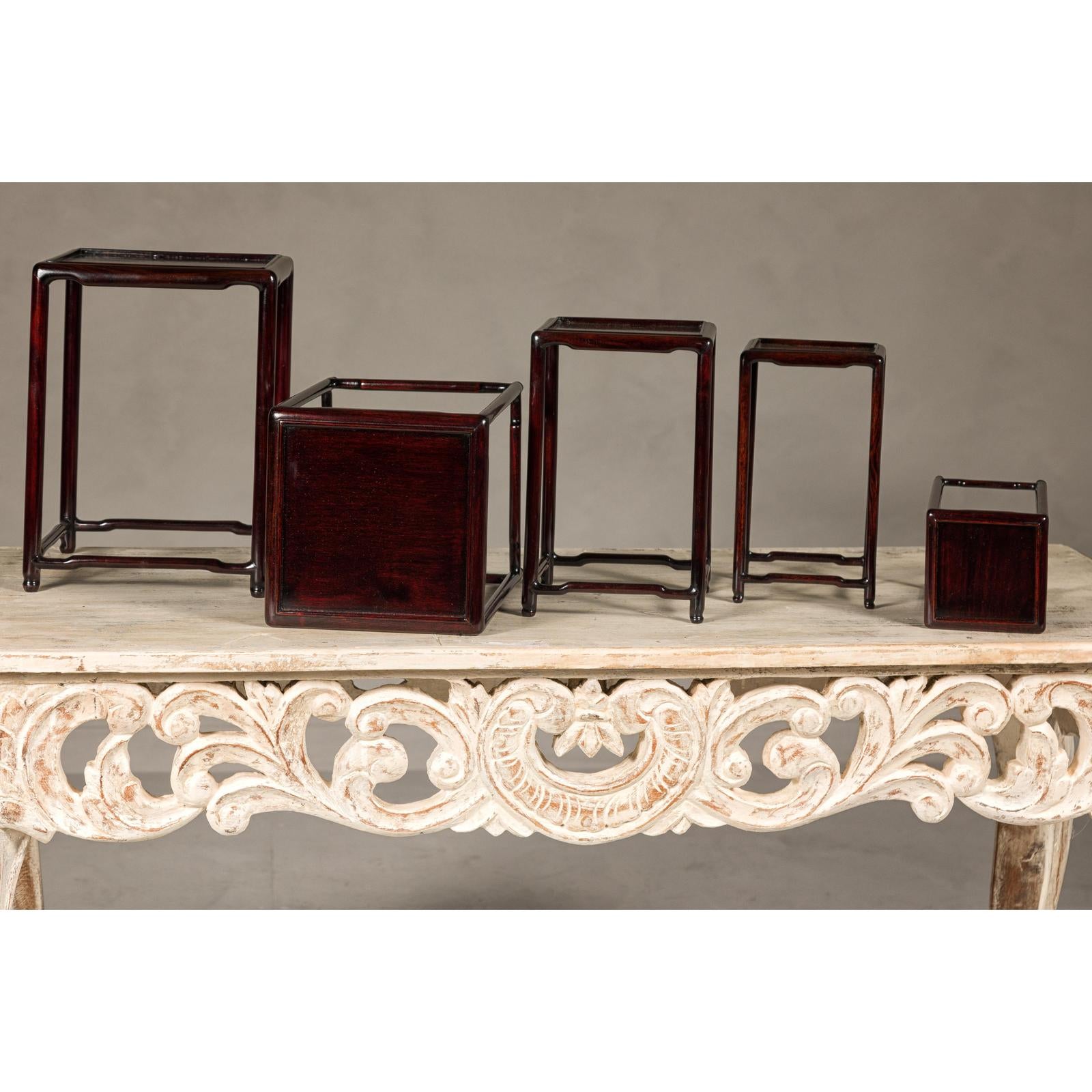 Set of Five Small Size Dark Rosewood Nesting Tables with Humpback Stretchers