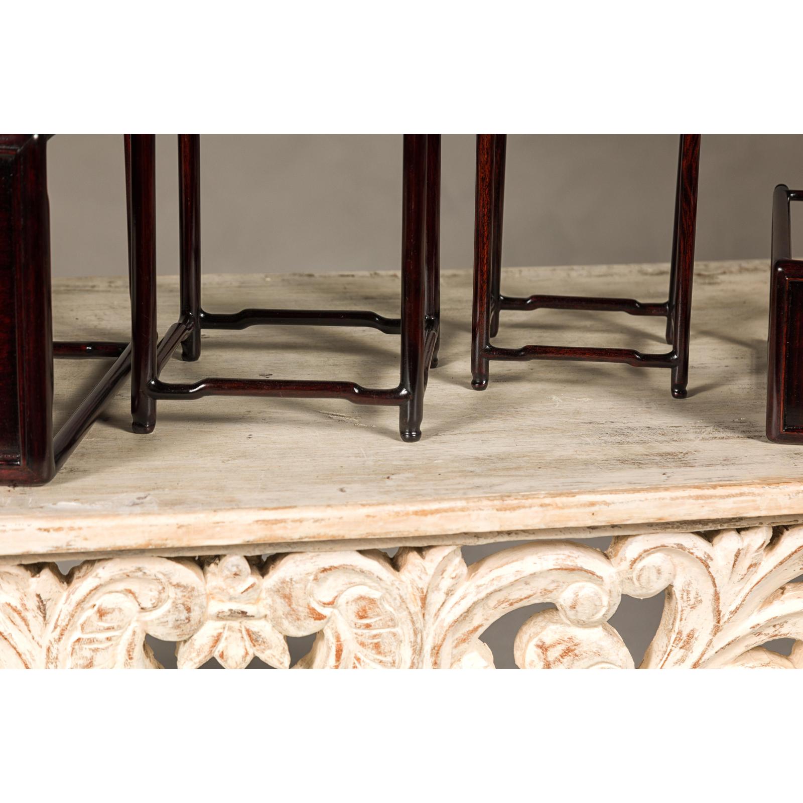 Set of Five Small Size Dark Rosewood Nesting Tables with Humpback Stretchers
