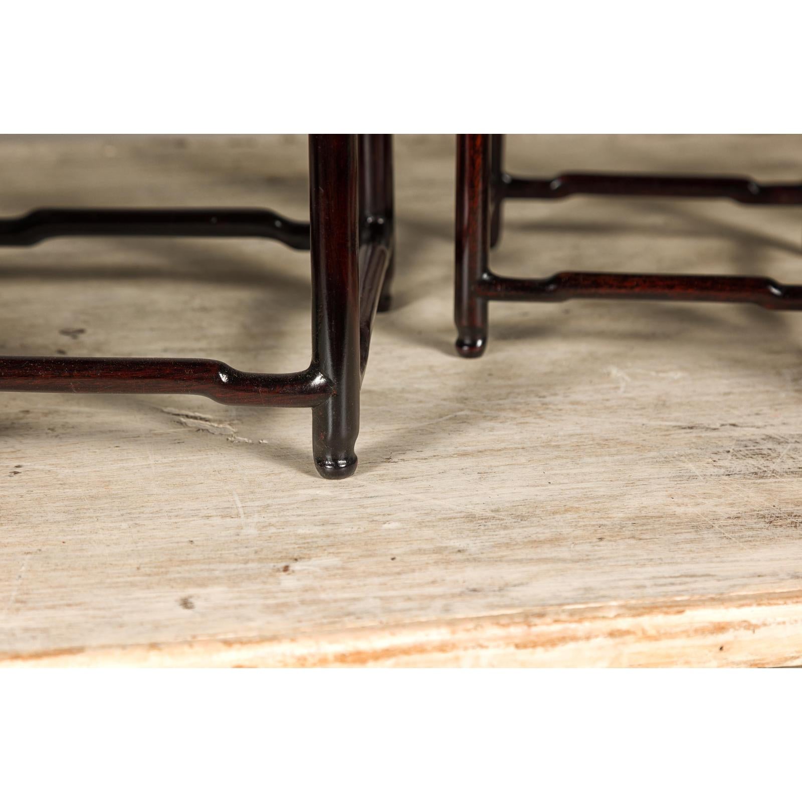 Set of Five Small Size Dark Rosewood Nesting Tables with Humpback Stretchers