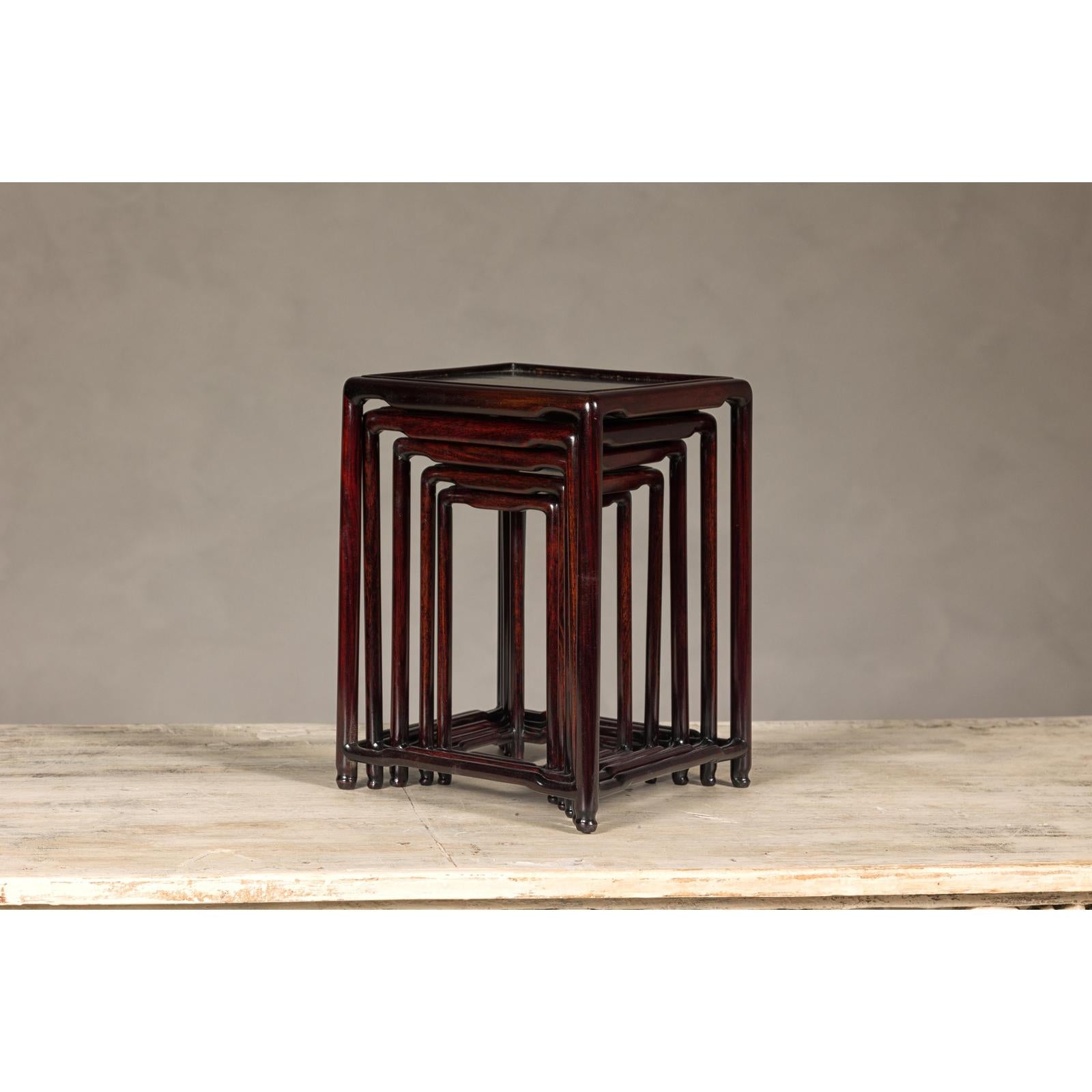 Set of Five Small Size Dark Rosewood Nesting Tables with Humpback Stretchers
