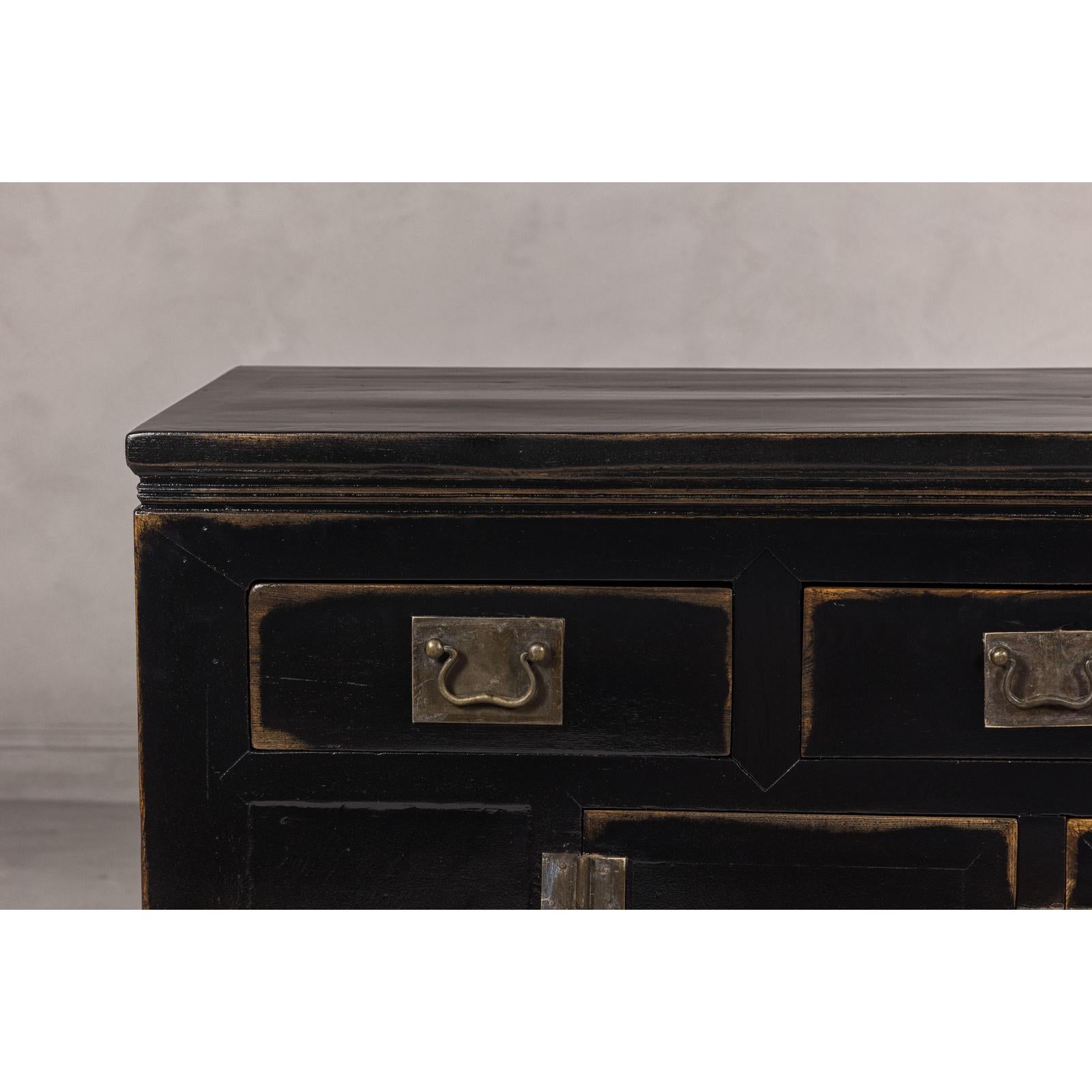 Black Lacquer Sideboard with Rubbed Edges, Brass Hardware, Doors and Drawers