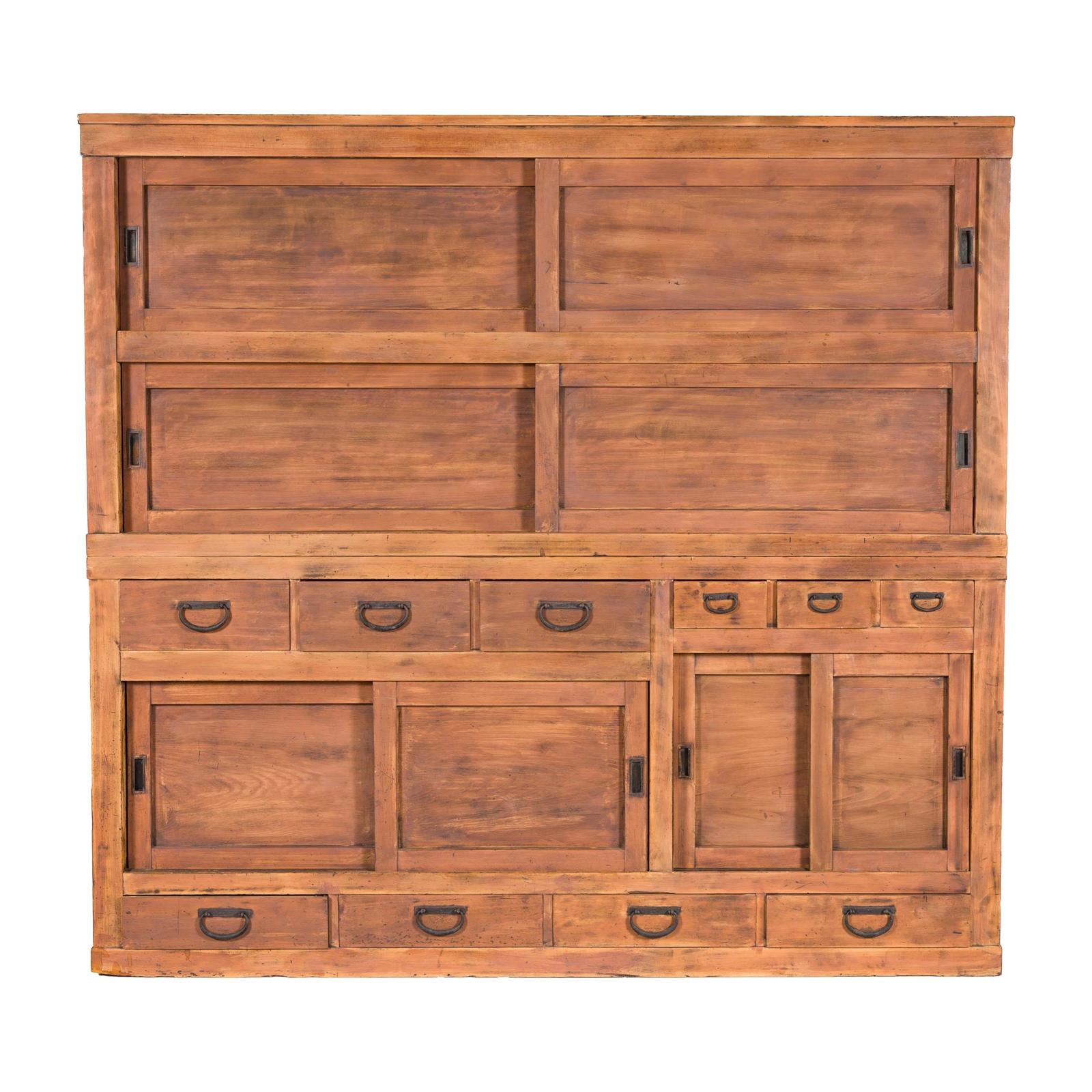 Antique Japanese Taishō Two-Part Tansu Chest with Drawers and Sliding Doors