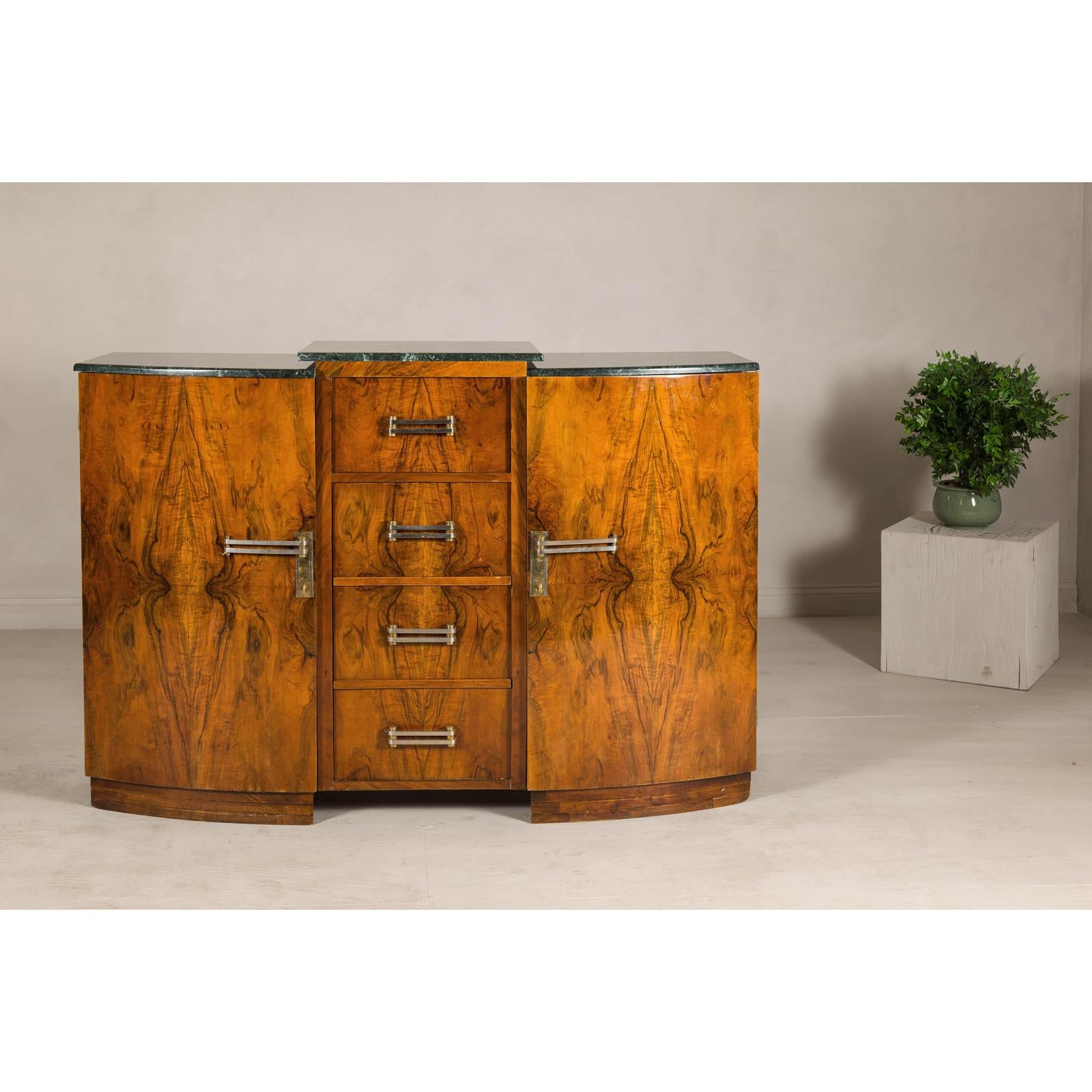 Art Deco Burl Walnut Buffet with Green Marble Top and Shelved Interior