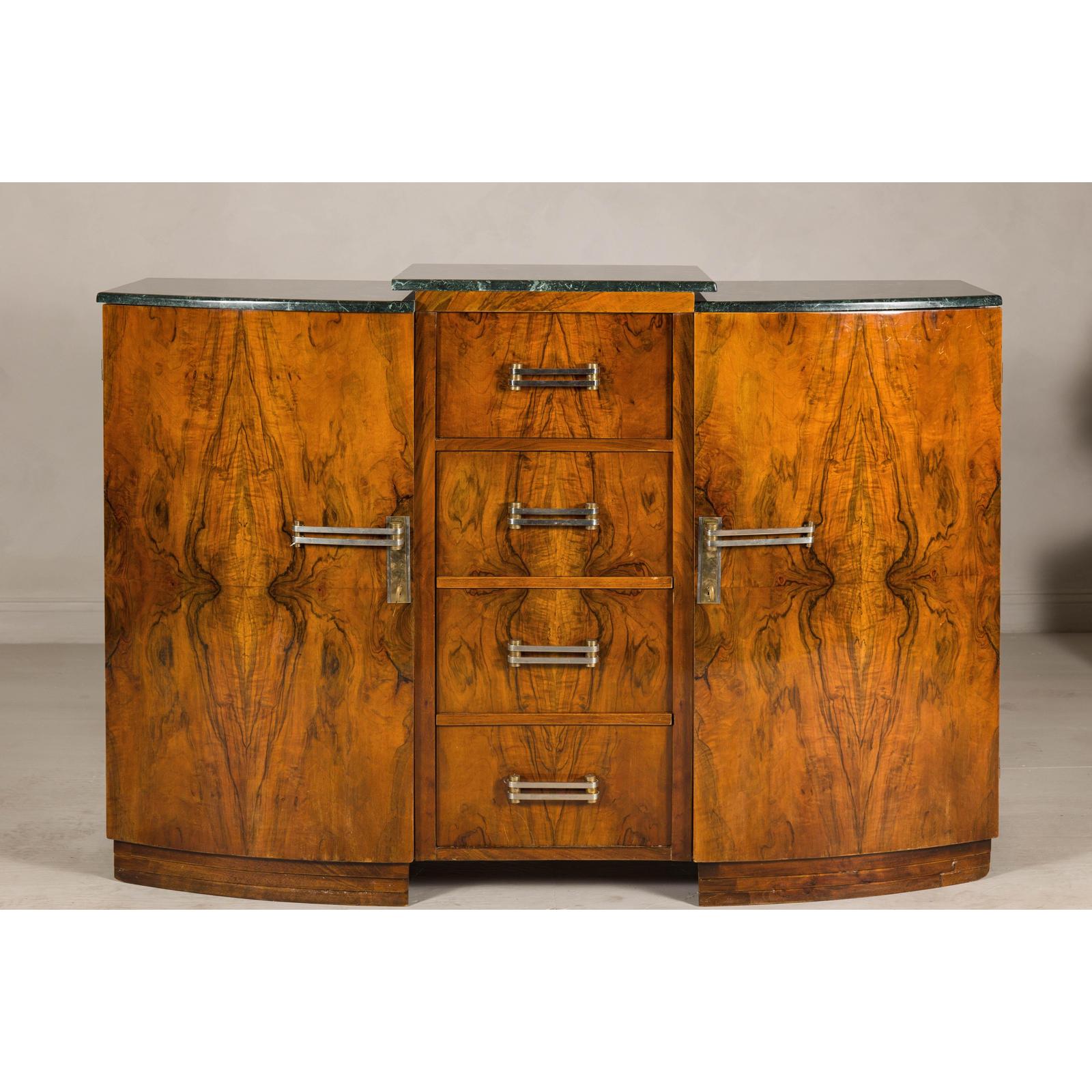 Art Deco Burl Walnut Buffet with Green Marble Top and Shelved Interior