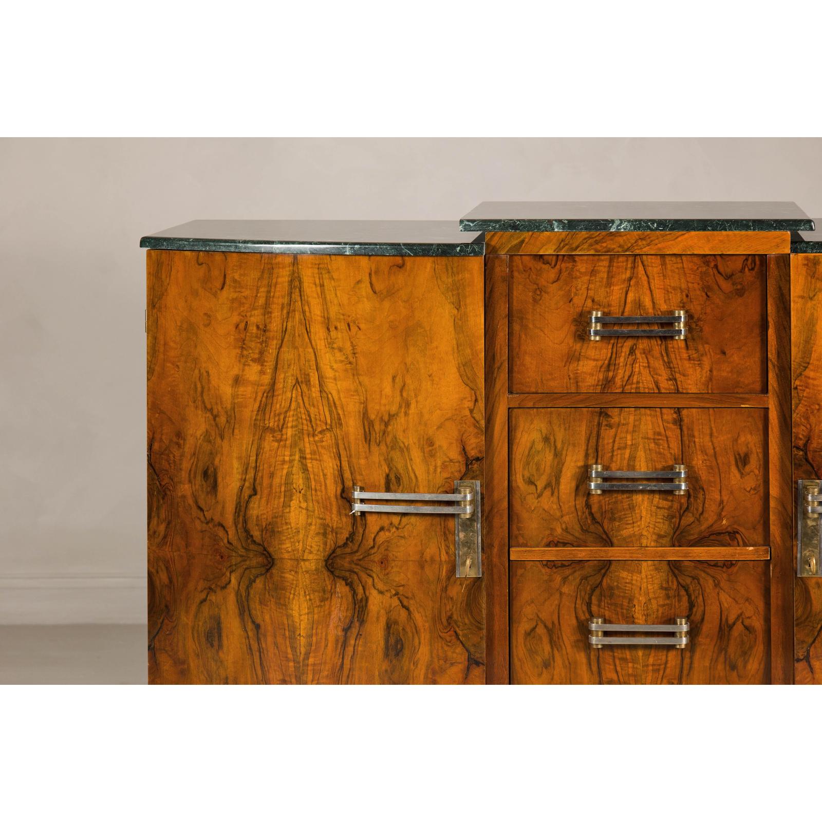 Art Deco Burl Walnut Buffet with Green Marble Top and Shelved Interior