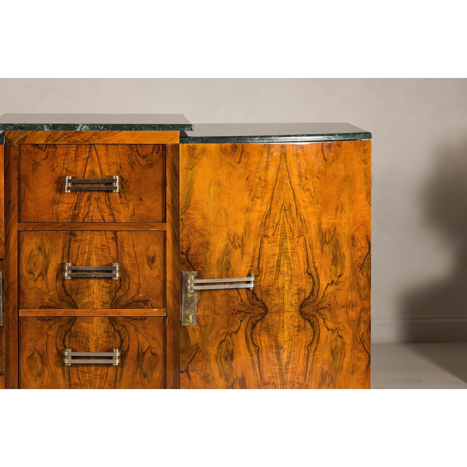 Art Deco Burl Walnut Buffet with Green Marble Top and Shelved Interior