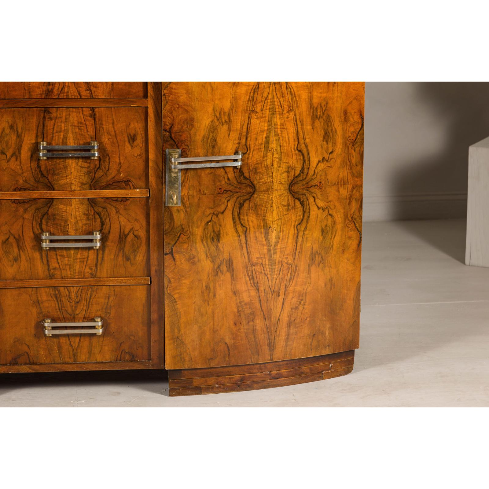 Art Deco Burl Walnut Buffet with Green Marble Top and Shelved Interior
