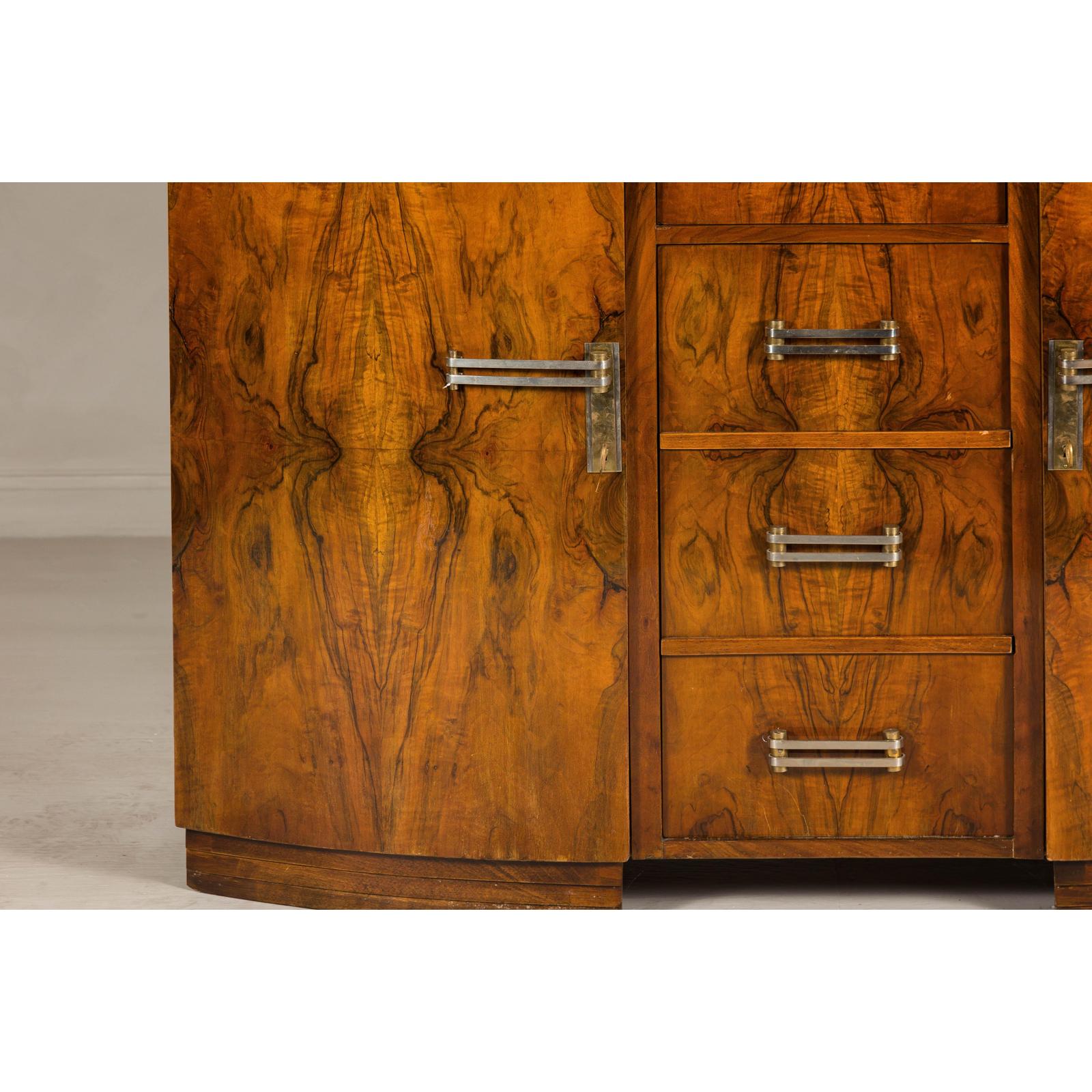 Art Deco Burl Walnut Buffet with Green Marble Top and Shelved Interior