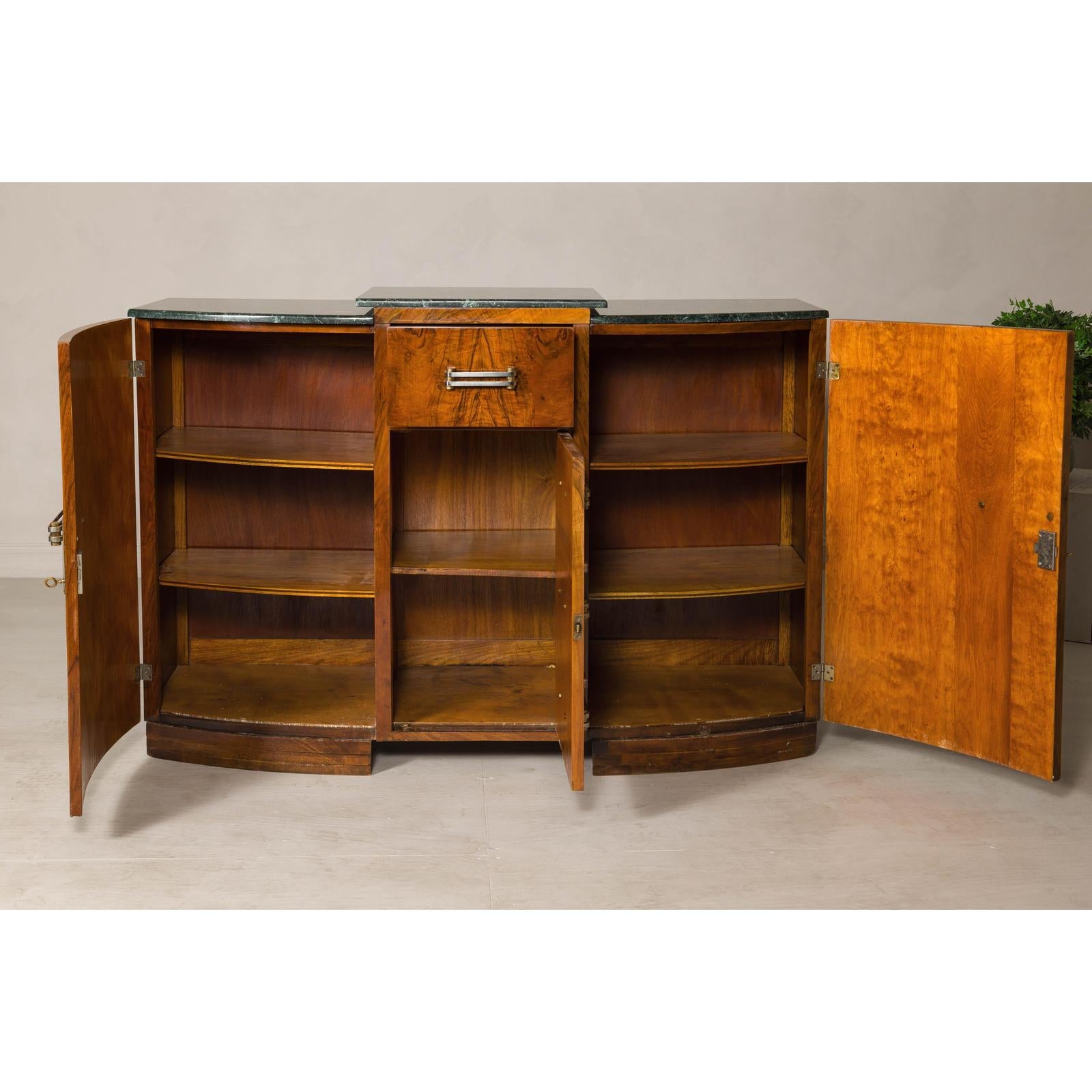 Art Deco Burl Walnut Buffet with Green Marble Top and Shelved Interior