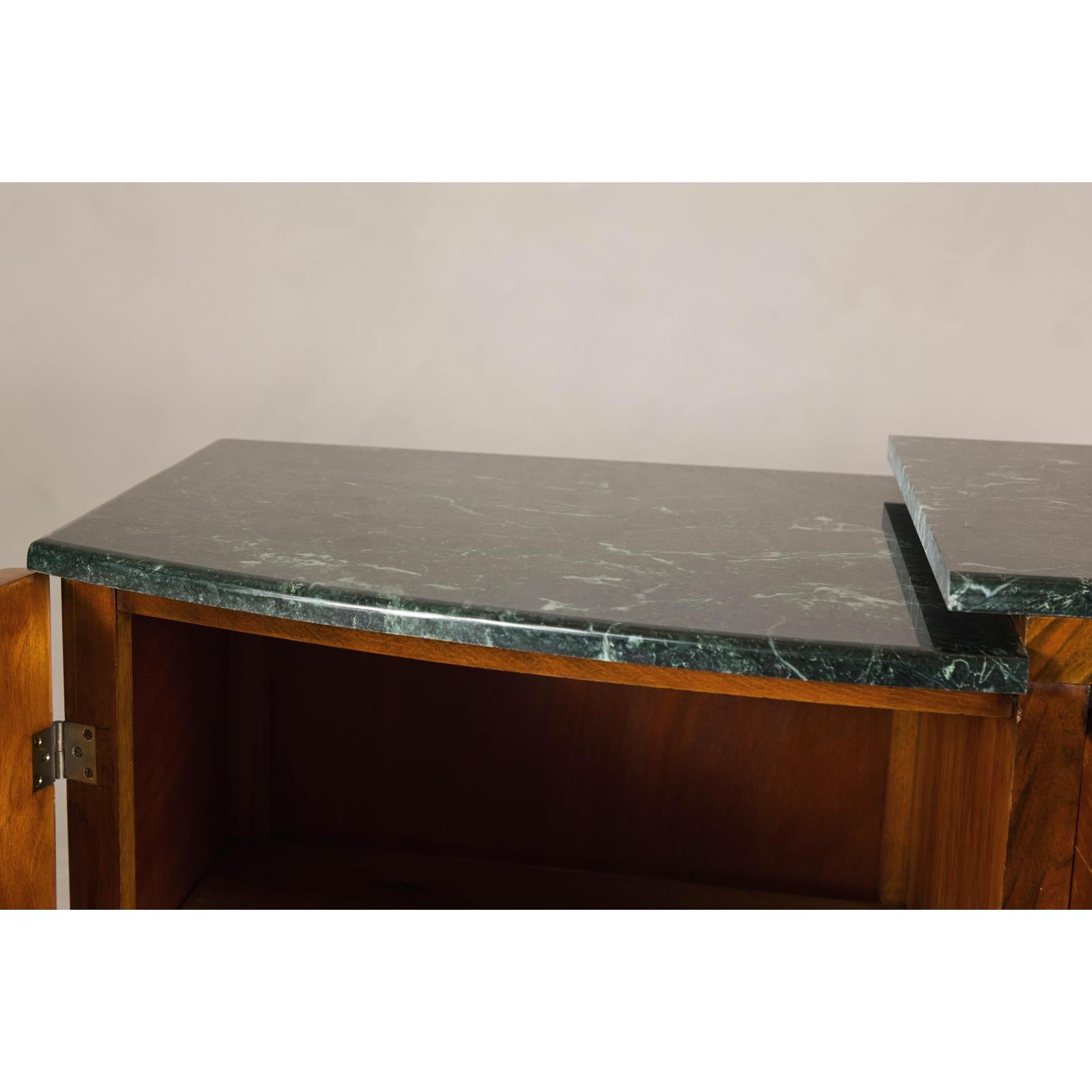 Art Deco Burl Walnut Buffet with Green Marble Top and Shelved Interior