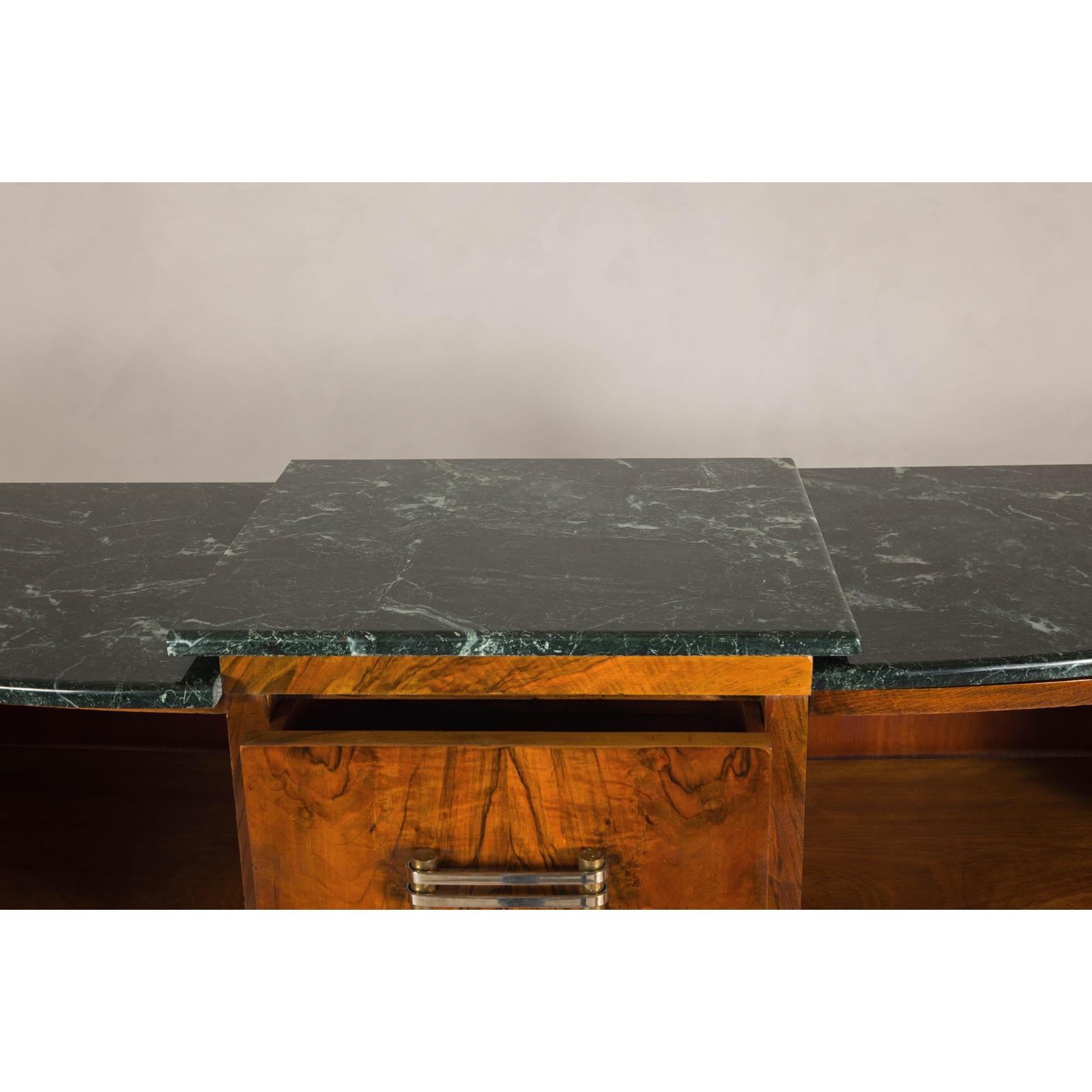 Art Deco Burl Walnut Buffet with Green Marble Top and Shelved Interior
