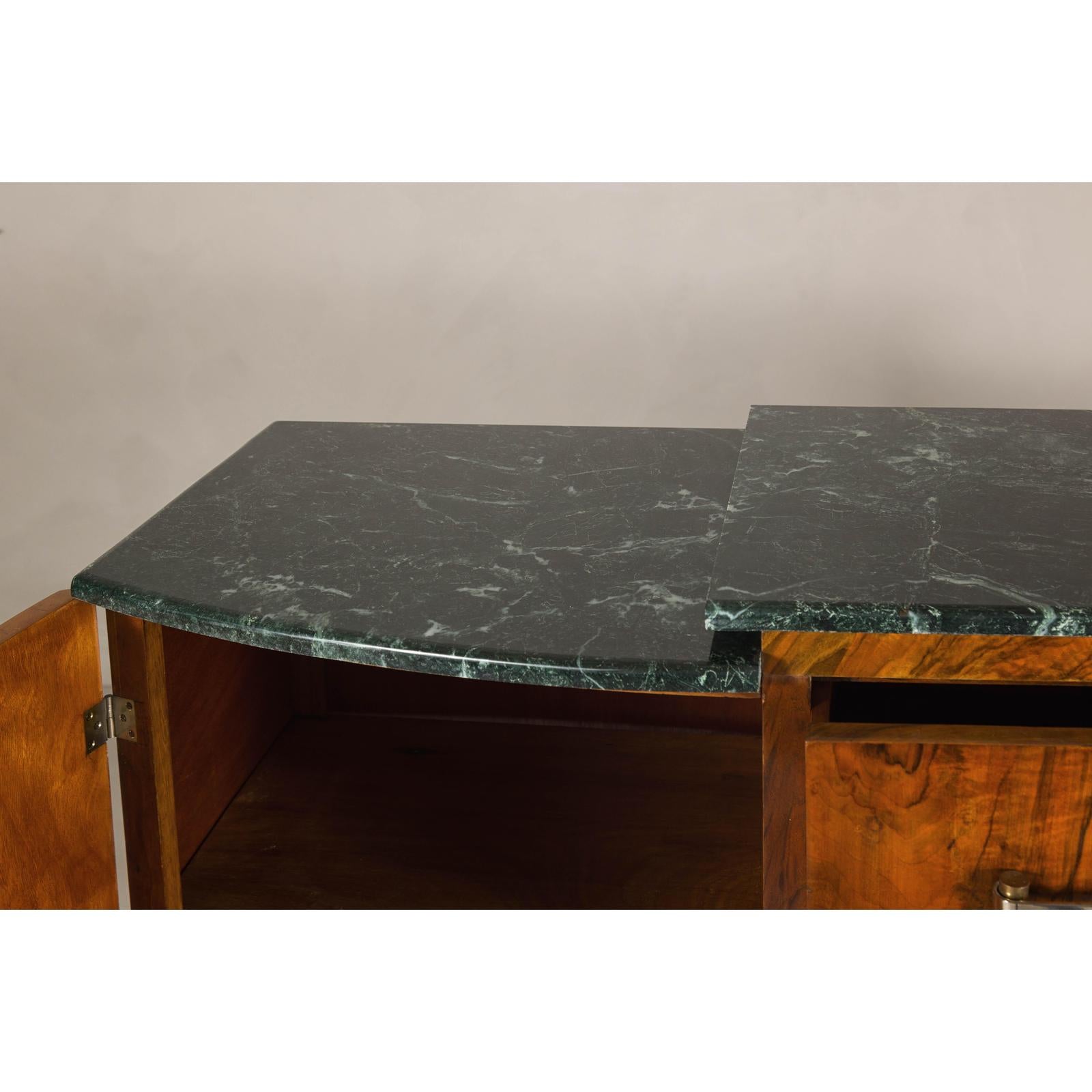 Art Deco Burl Walnut Buffet with Green Marble Top and Shelved Interior