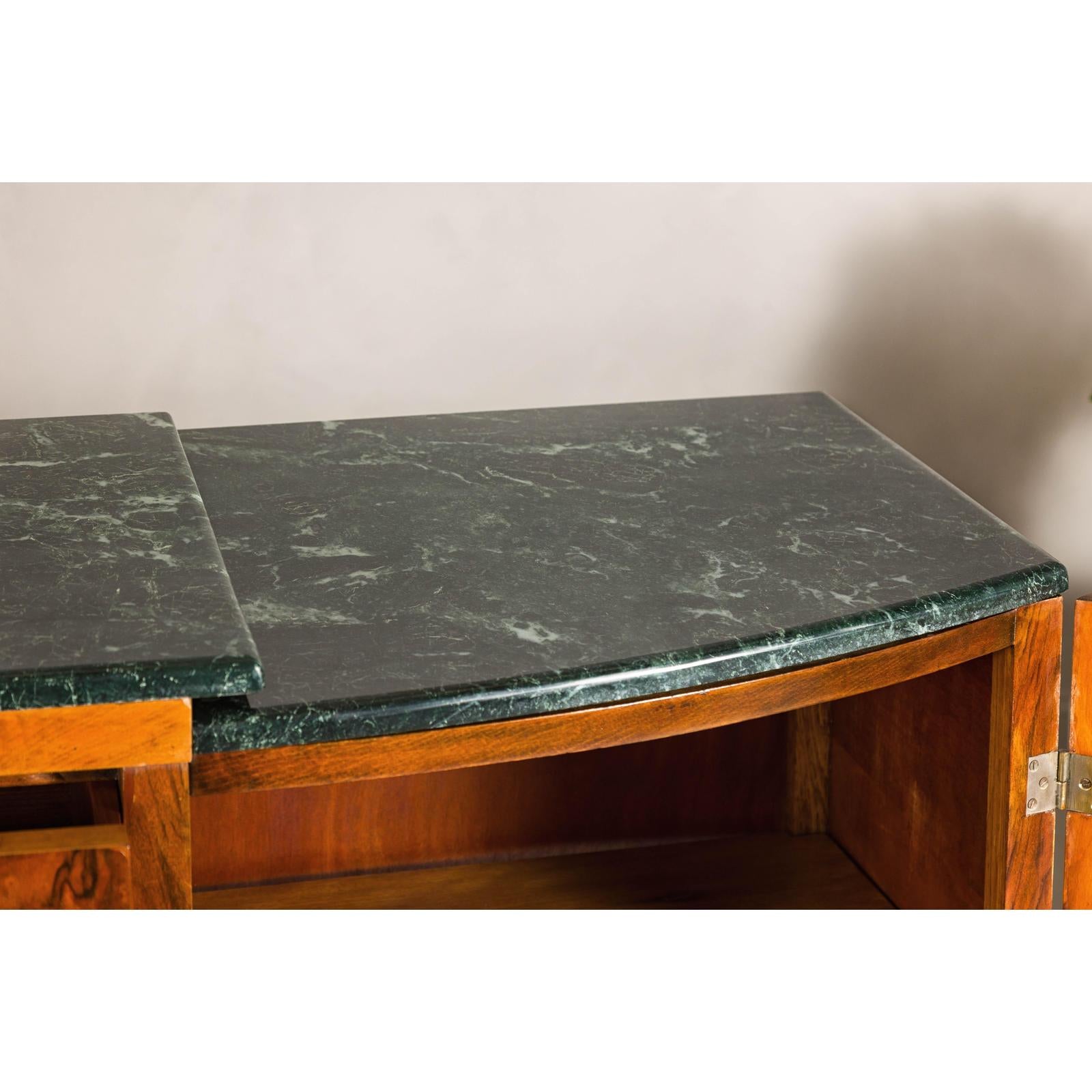 Art Deco Burl Walnut Buffet with Green Marble Top and Shelved Interior