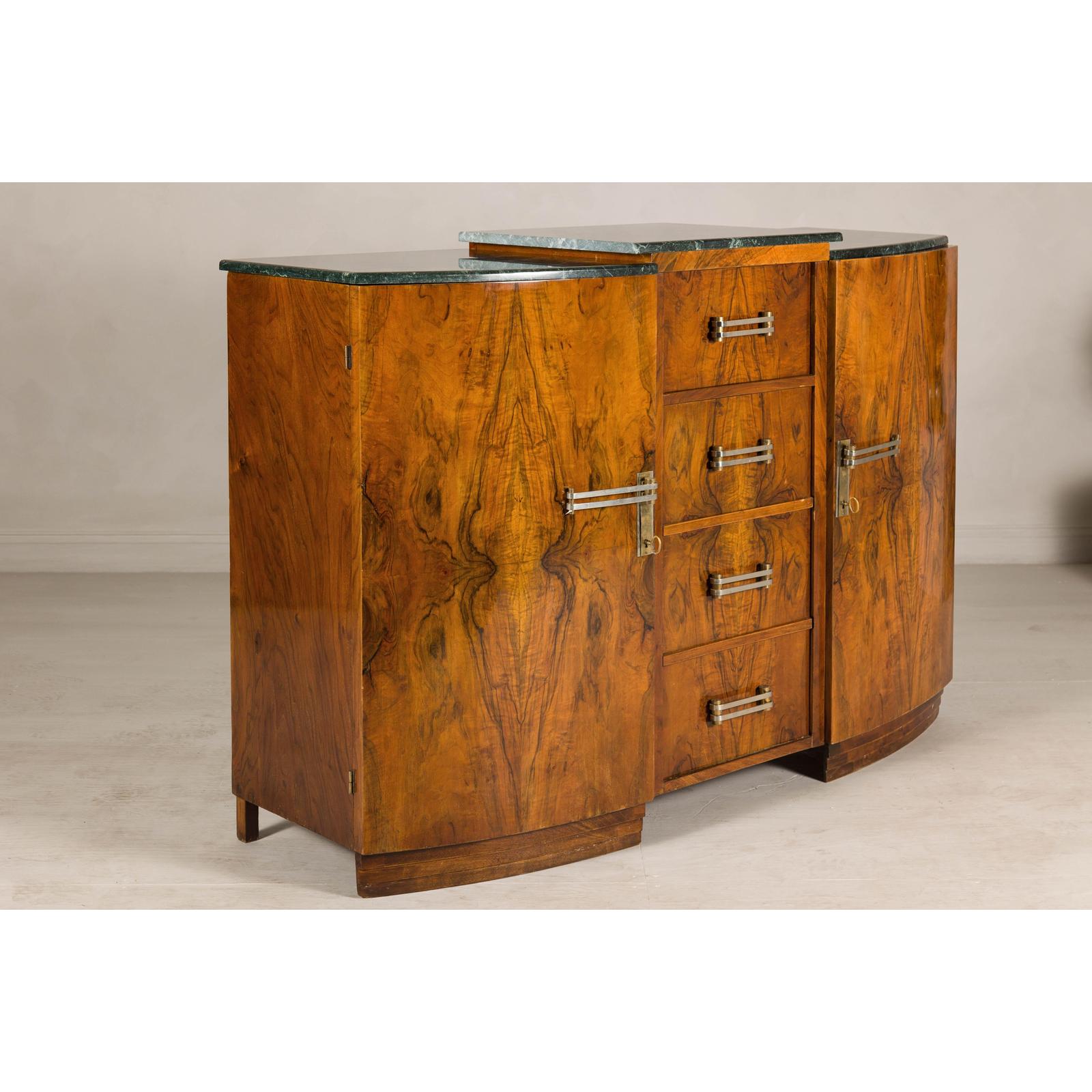 Art Deco Burl Walnut Buffet with Green Marble Top and Shelved Interior