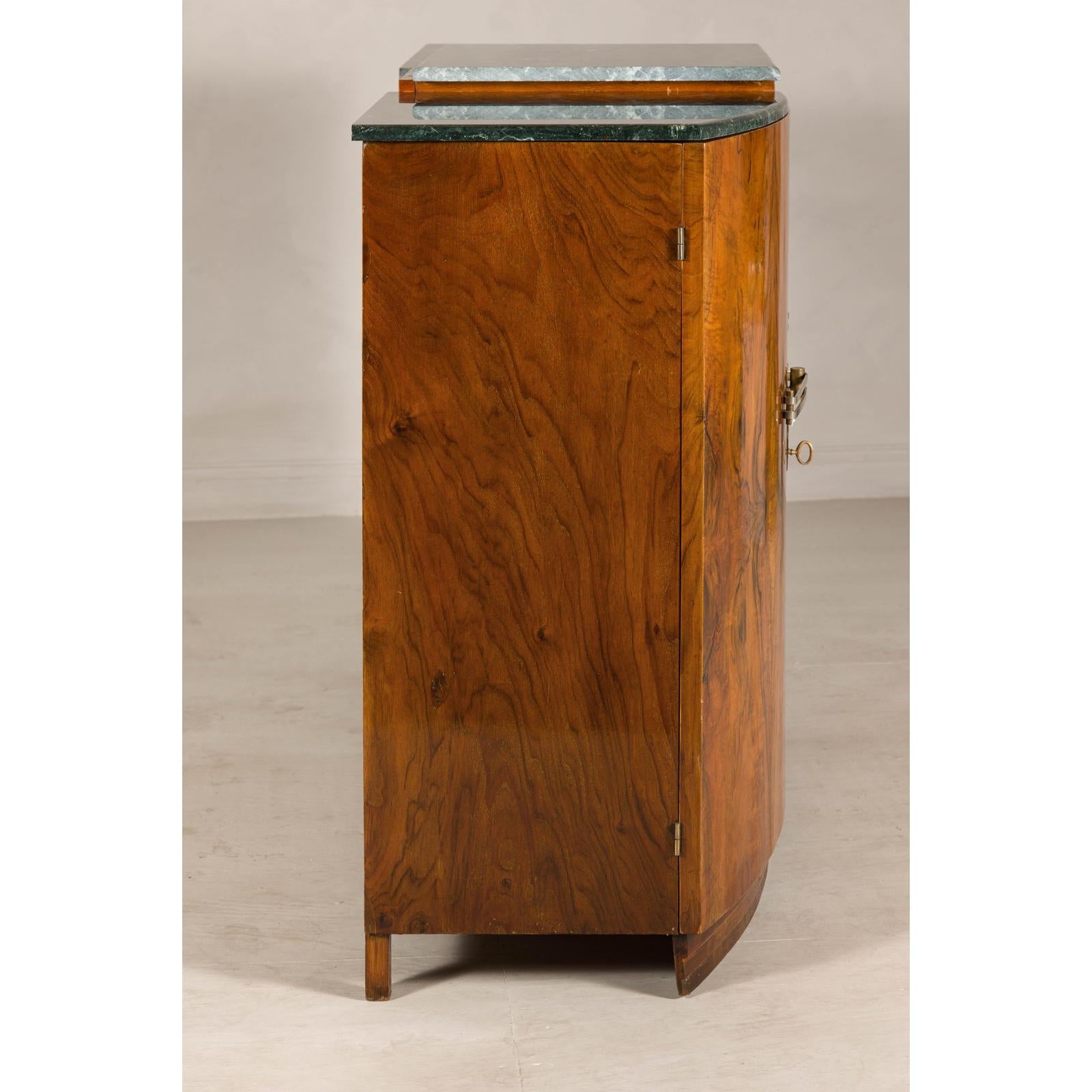 Art Deco Burl Walnut Buffet with Green Marble Top and Shelved Interior