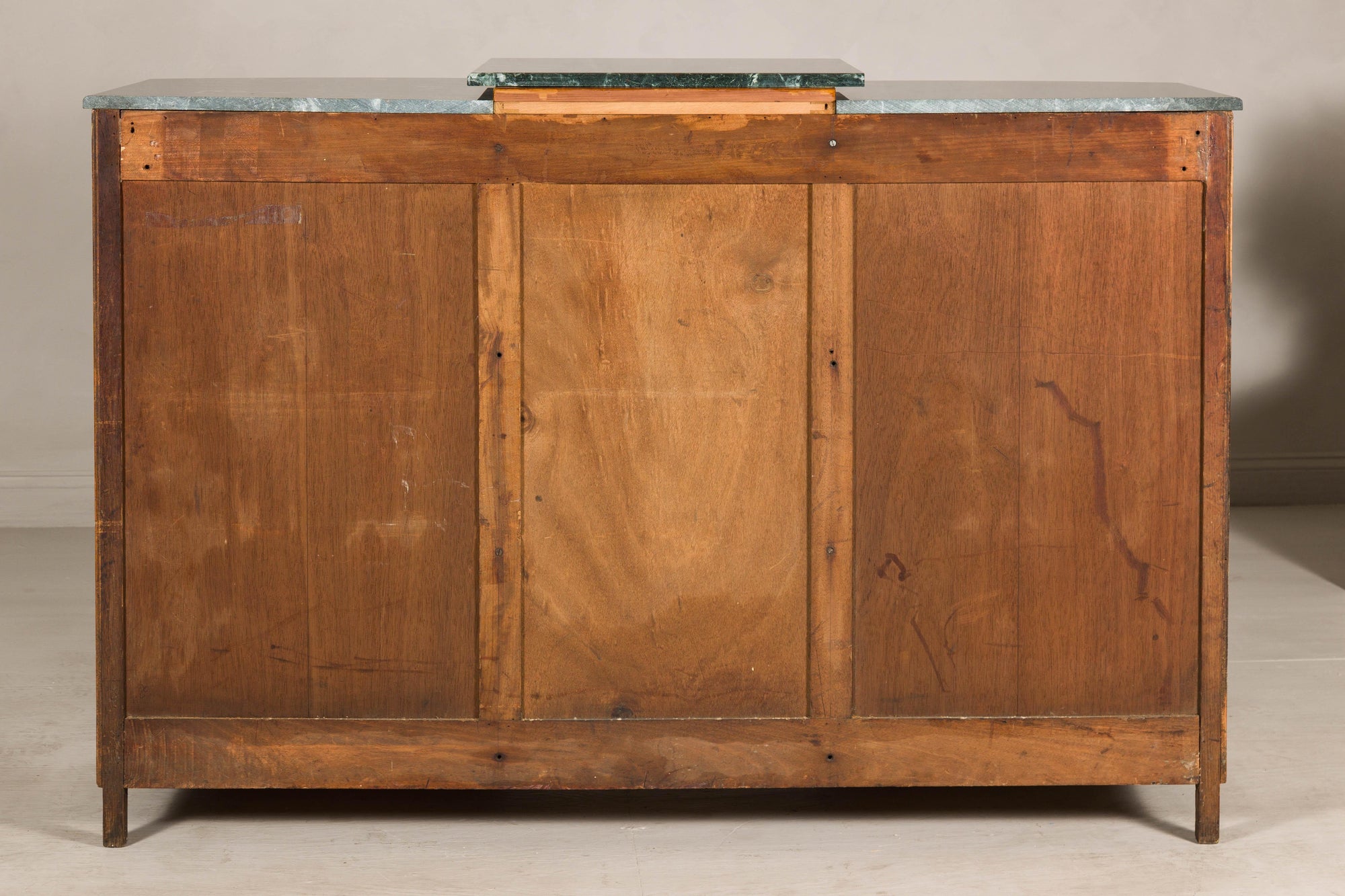 Art Deco Burl Walnut Buffet with Green Marble Top and Shelved Interior