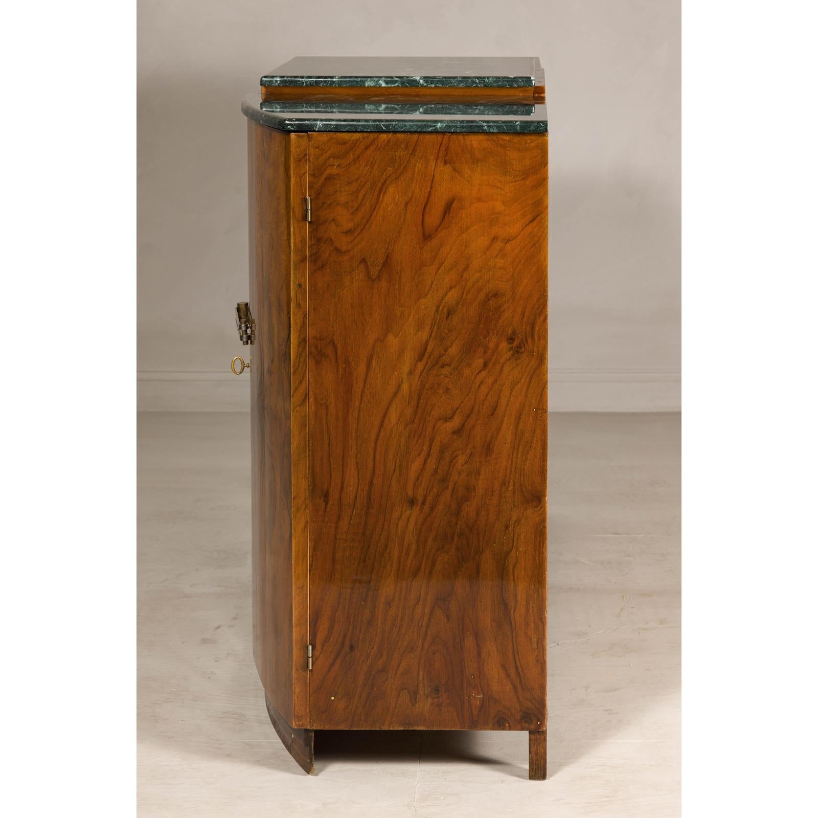 Art Deco Burl Walnut Buffet with Green Marble Top and Shelved Interior