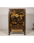Late Qing Dynasty Black Lacquer Elm Cabinet with Gilt Motifs and Carved Apron