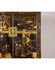 Late Qing Dynasty Black Lacquer Elm Cabinet with Gilt Motifs and Carved Apron