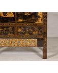 Late Qing Dynasty Black Lacquer Elm Cabinet with Gilt Motifs and Carved Apron