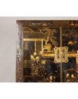Late Qing Dynasty Black Lacquer Elm Cabinet with Gilt Motifs and Carved Apron